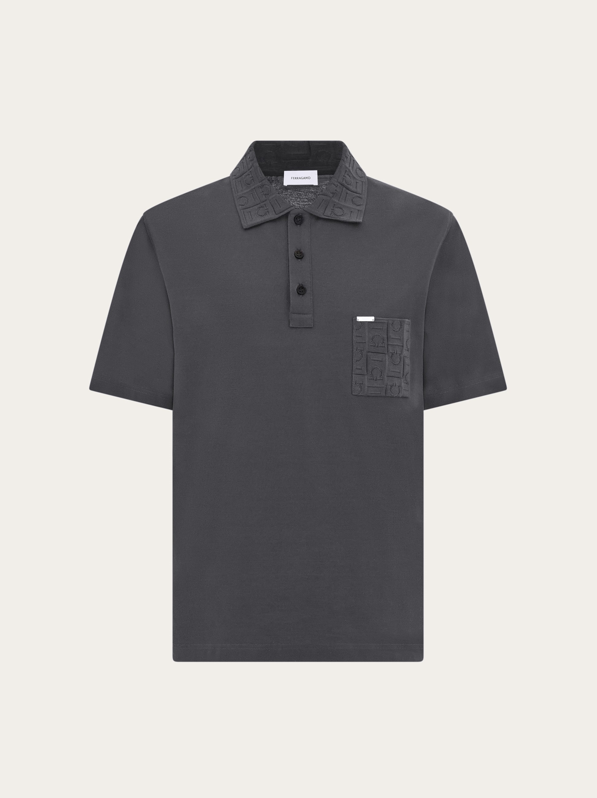 Ferragamo V-neck Polo With Jacquard Pocket Detail In Gray