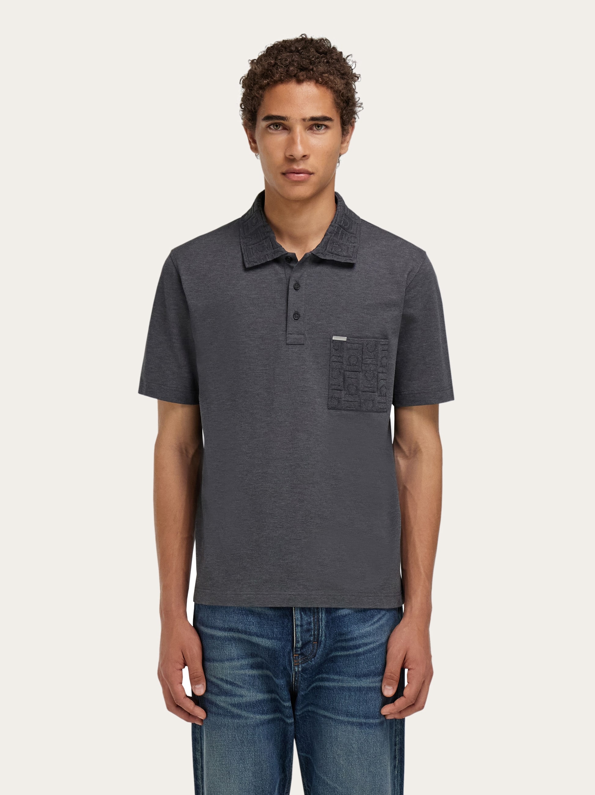 Ferragamo V-neck Polo With Jacquard Pocket Detail In Gray