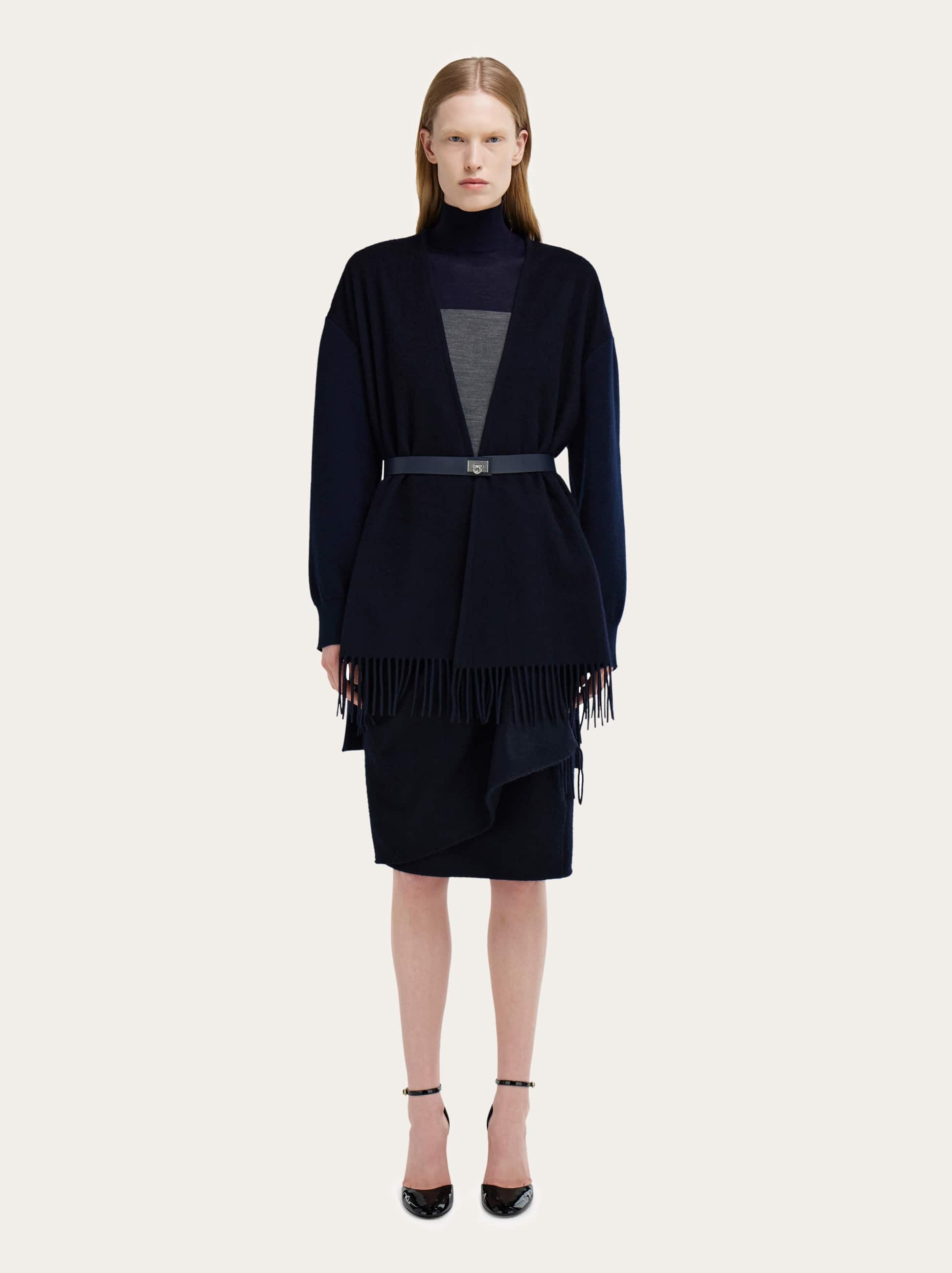 Ferragamo Fringed Belted Cardigan In Blue