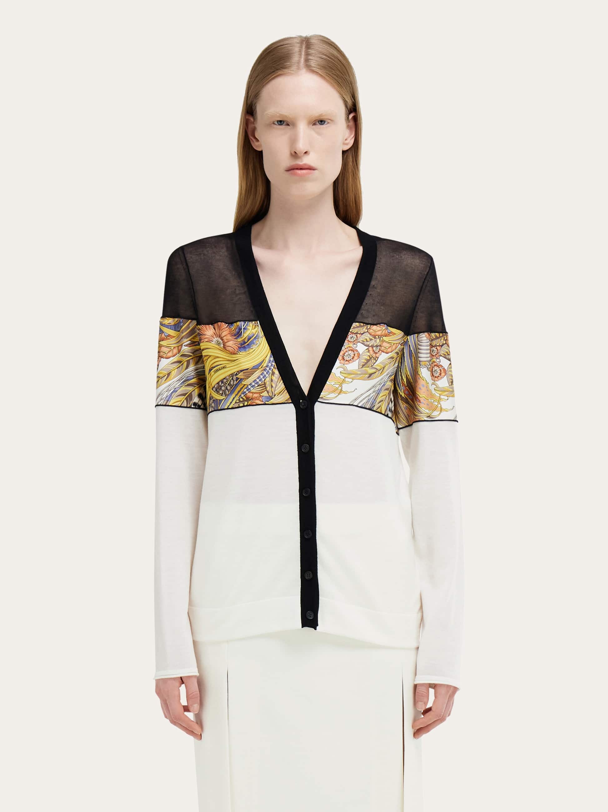 Ferragamo V-neck Cardigan With Silk Inserts In Multi