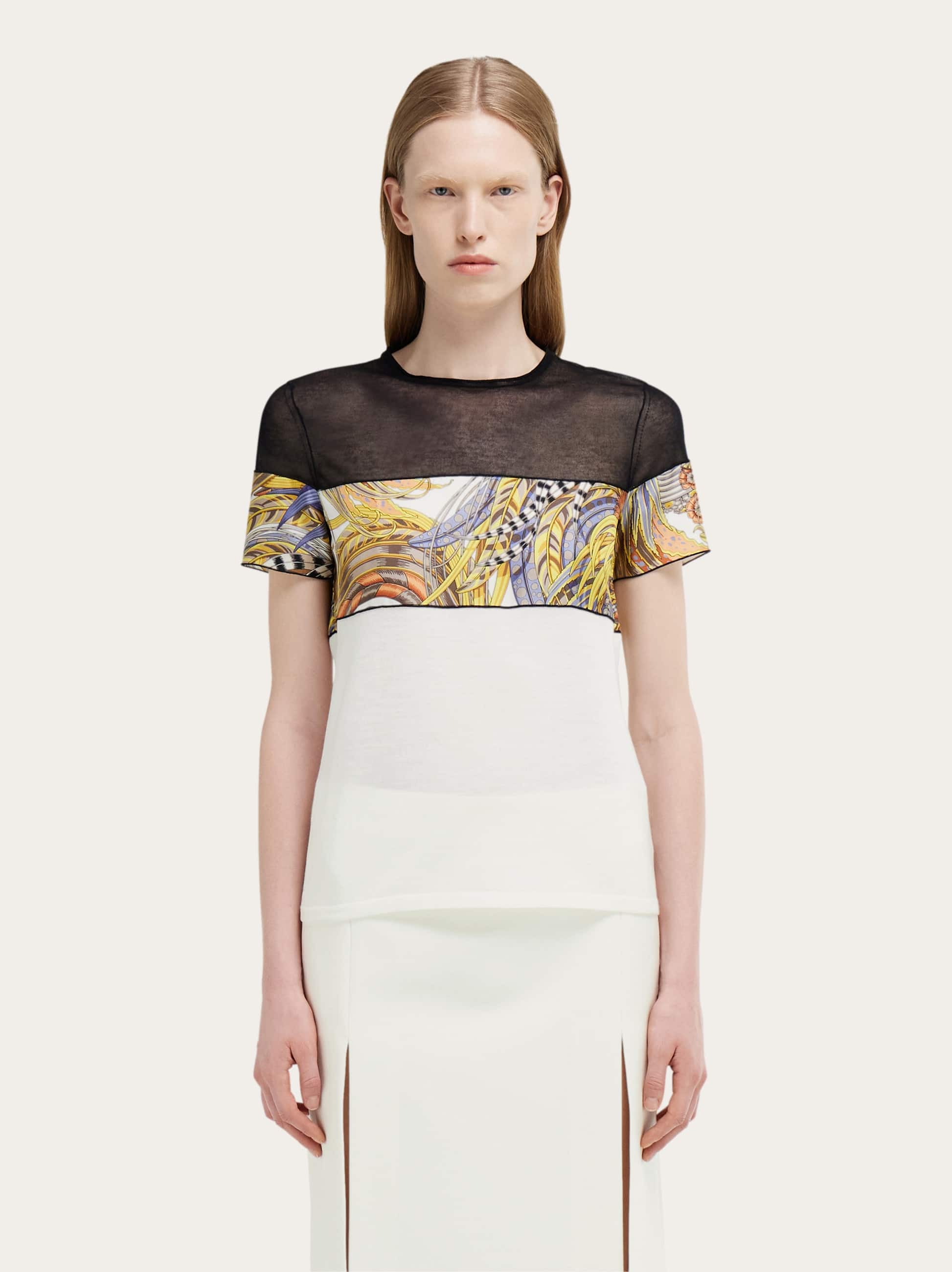 Ferragamo Crewneck T-shirt With Silk Inserts In Black