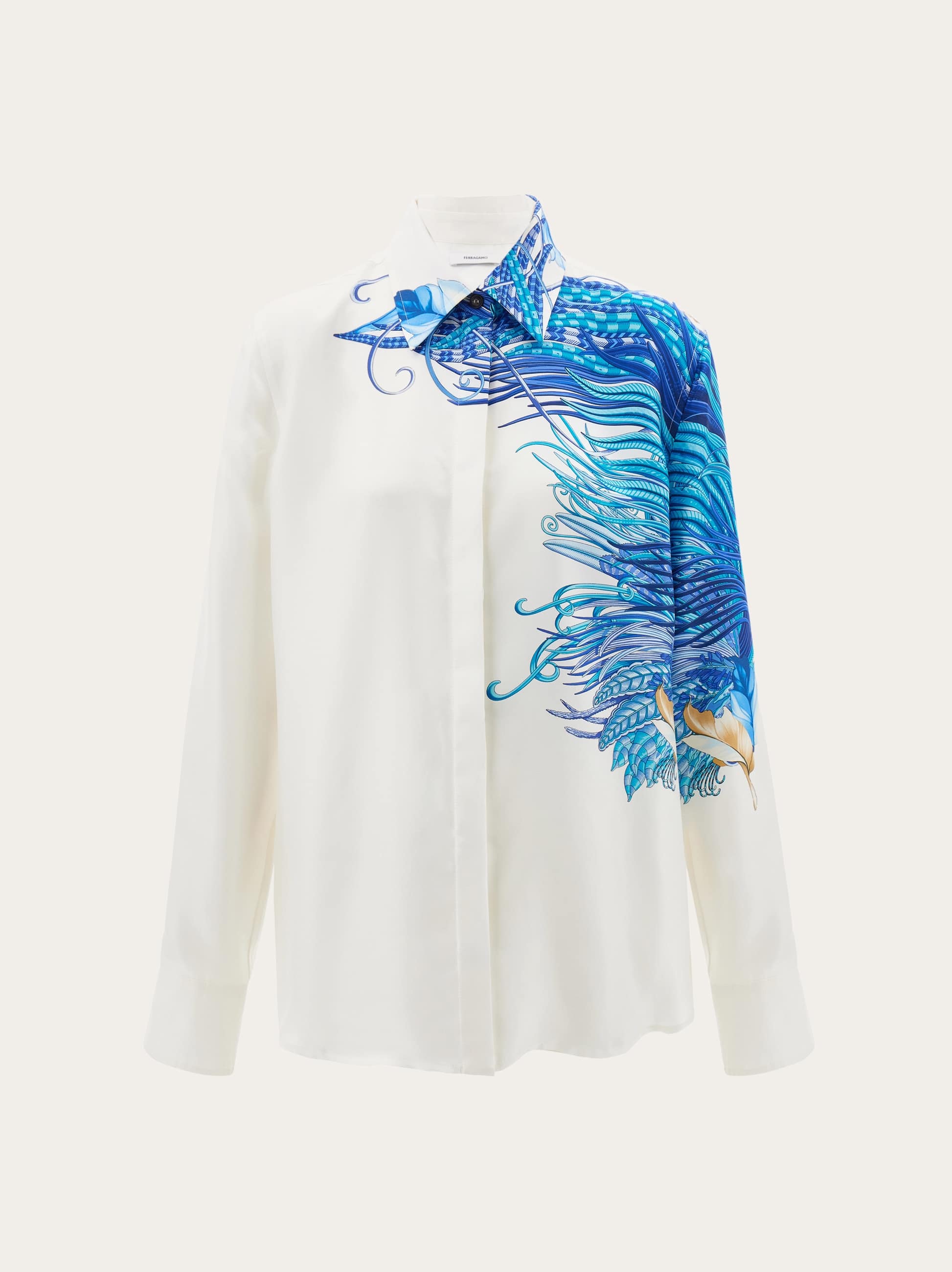 Ferragamo Donna Camicia in seta con stampa di piuma Bianco
