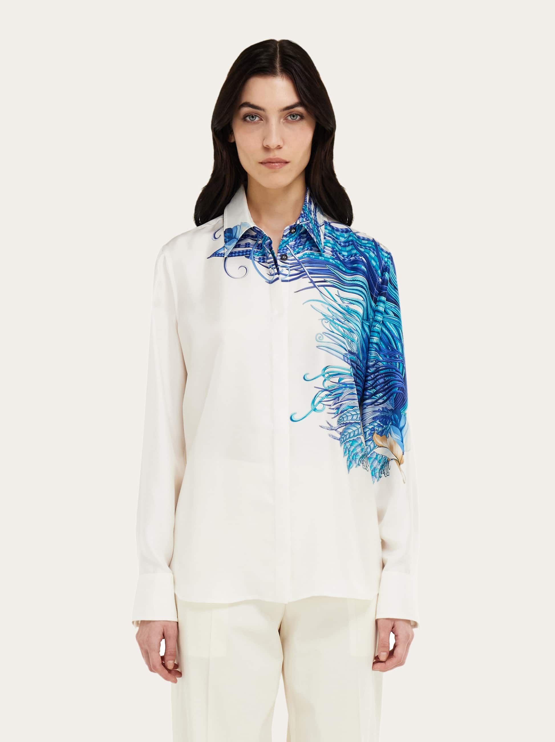  Ferragamo Damen Seidenhemd Mit Federschau-print Weiß 