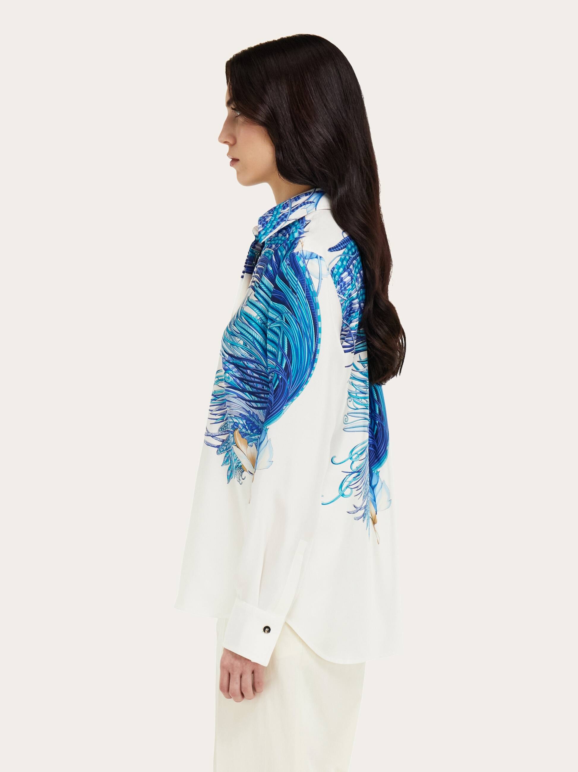  Ferragamo Damen Seidenhemd Mit Federschau-print Weiß 