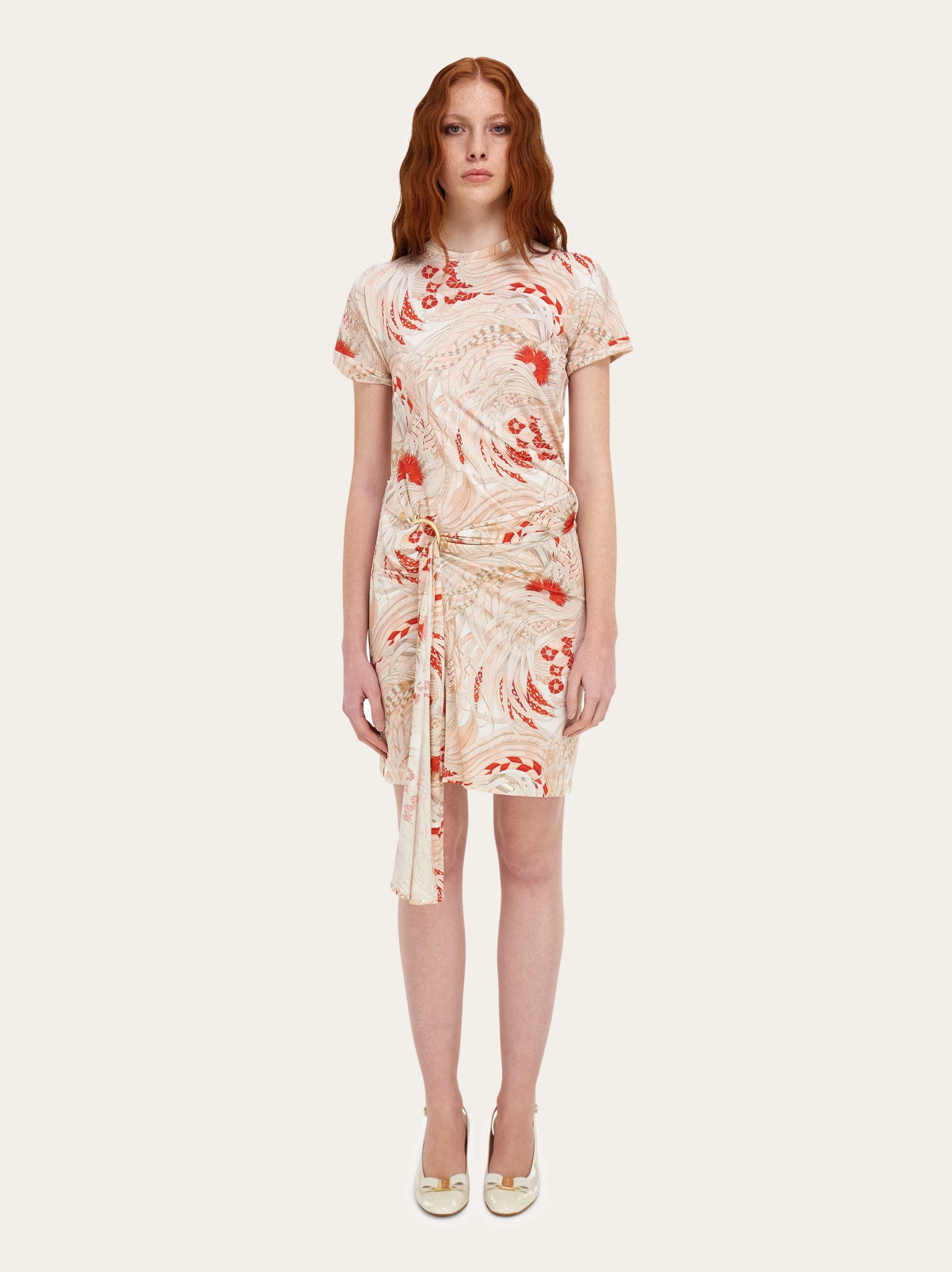  Ferragamo Damen Drapiertes Kleid Mit Rooster-print Orange 
