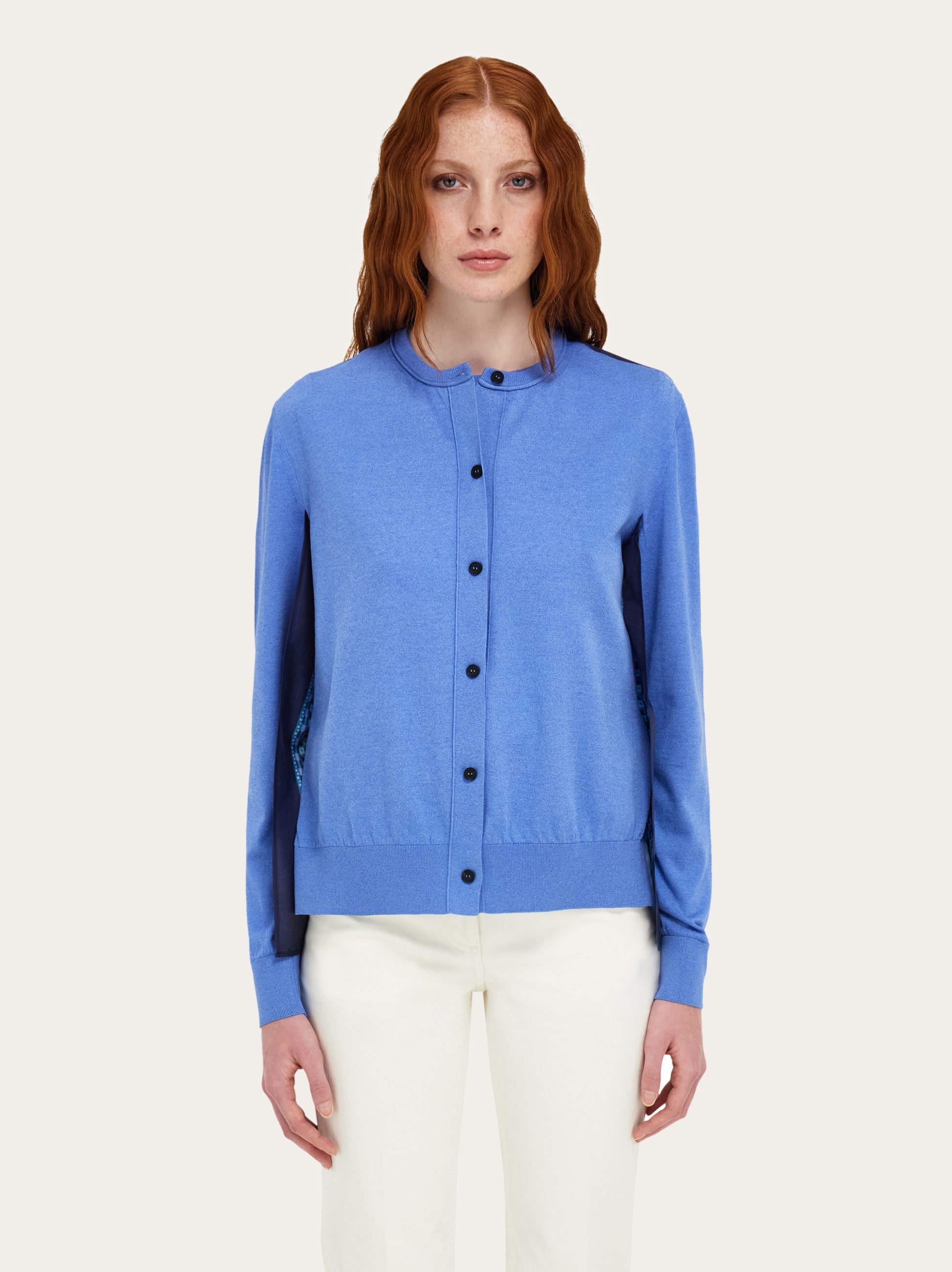  Ferragamo Damen Cardigan Aus Seidentwill Mit Federschau-print Blau 