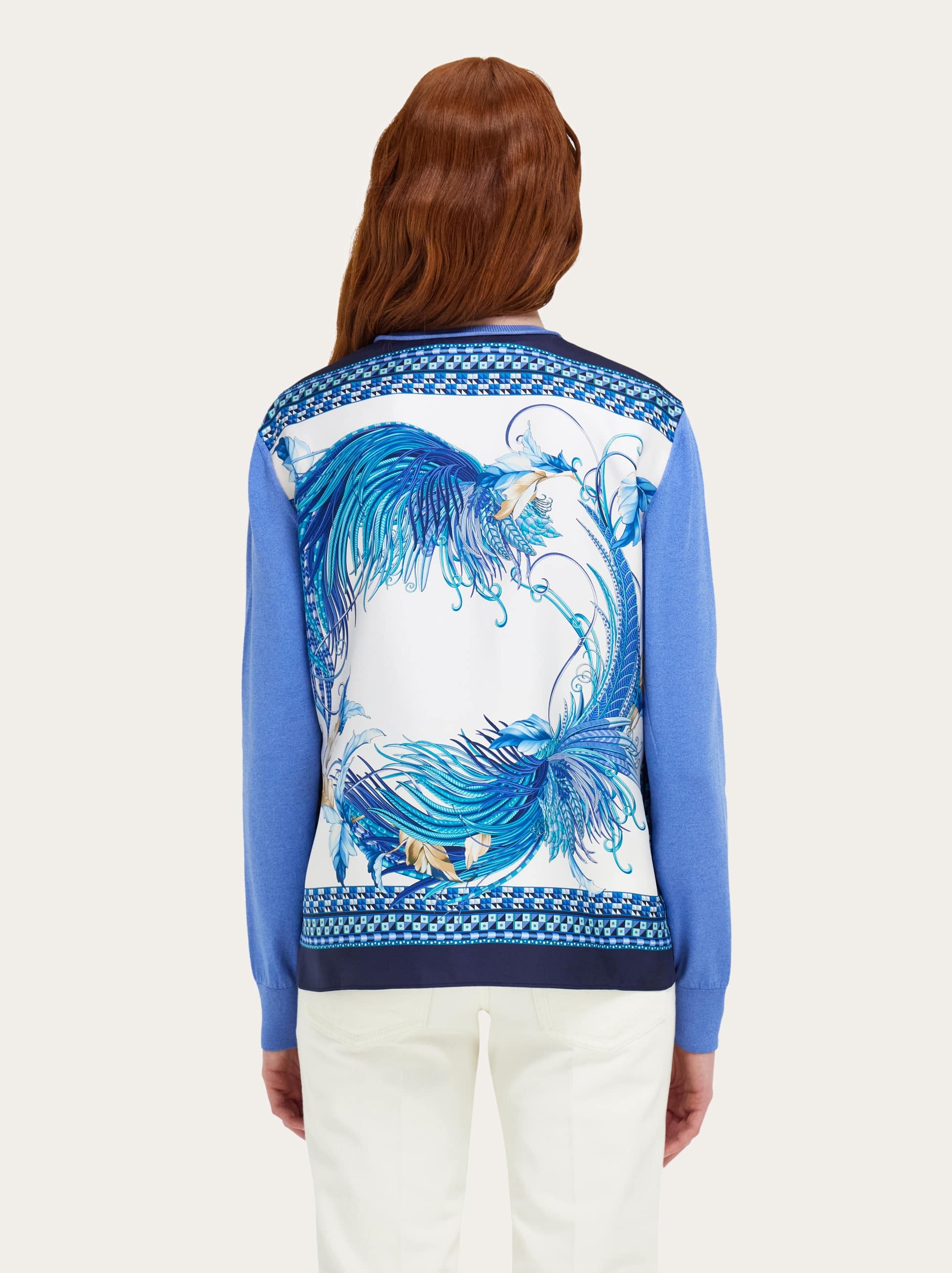  Ferragamo Damen Cardigan Aus Seidentwill Mit Federschau-print Blau 