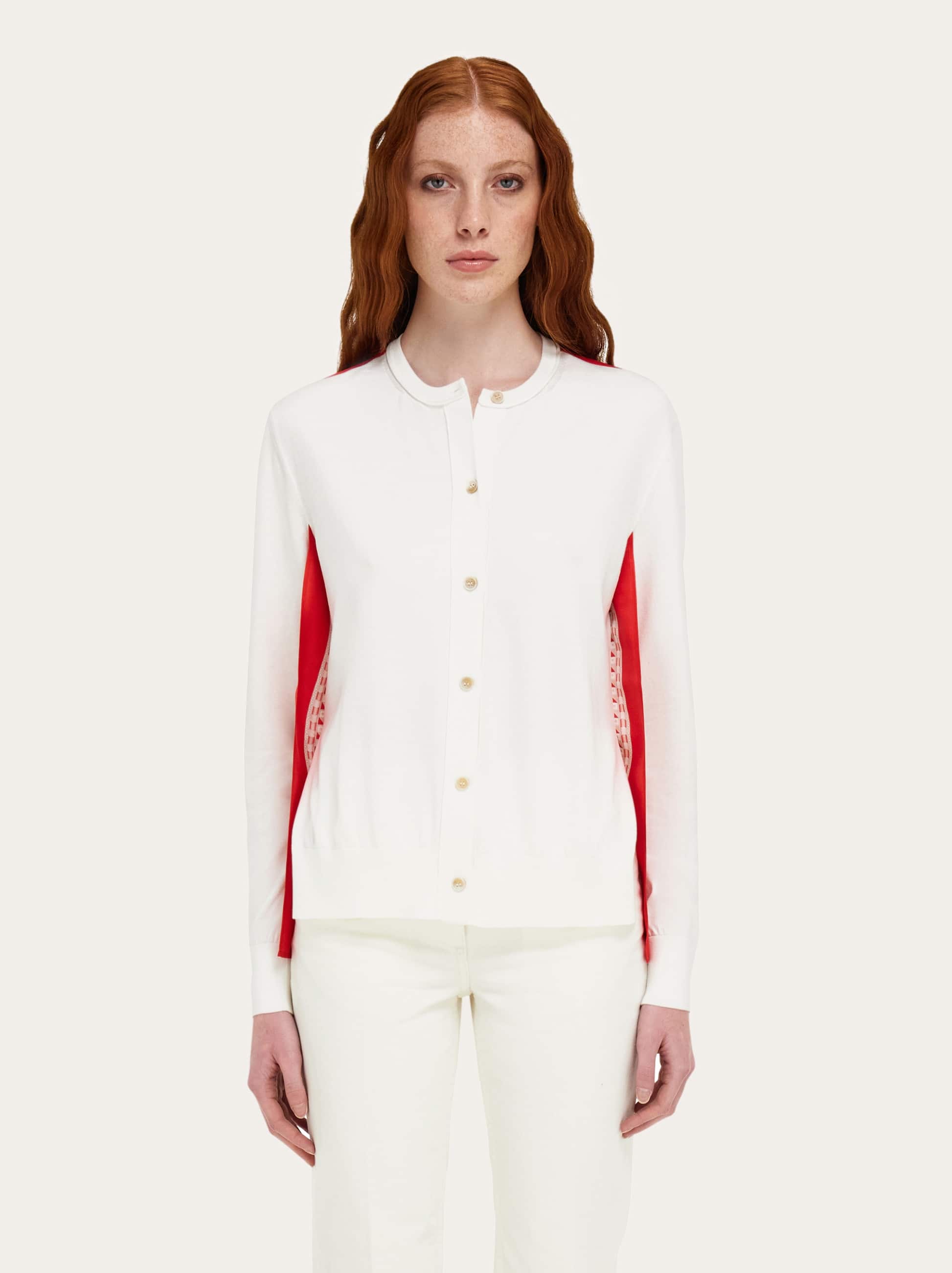  Ferragamo Damen Cardigan Aus Seidentwill Mit Federschau-print Weiß 