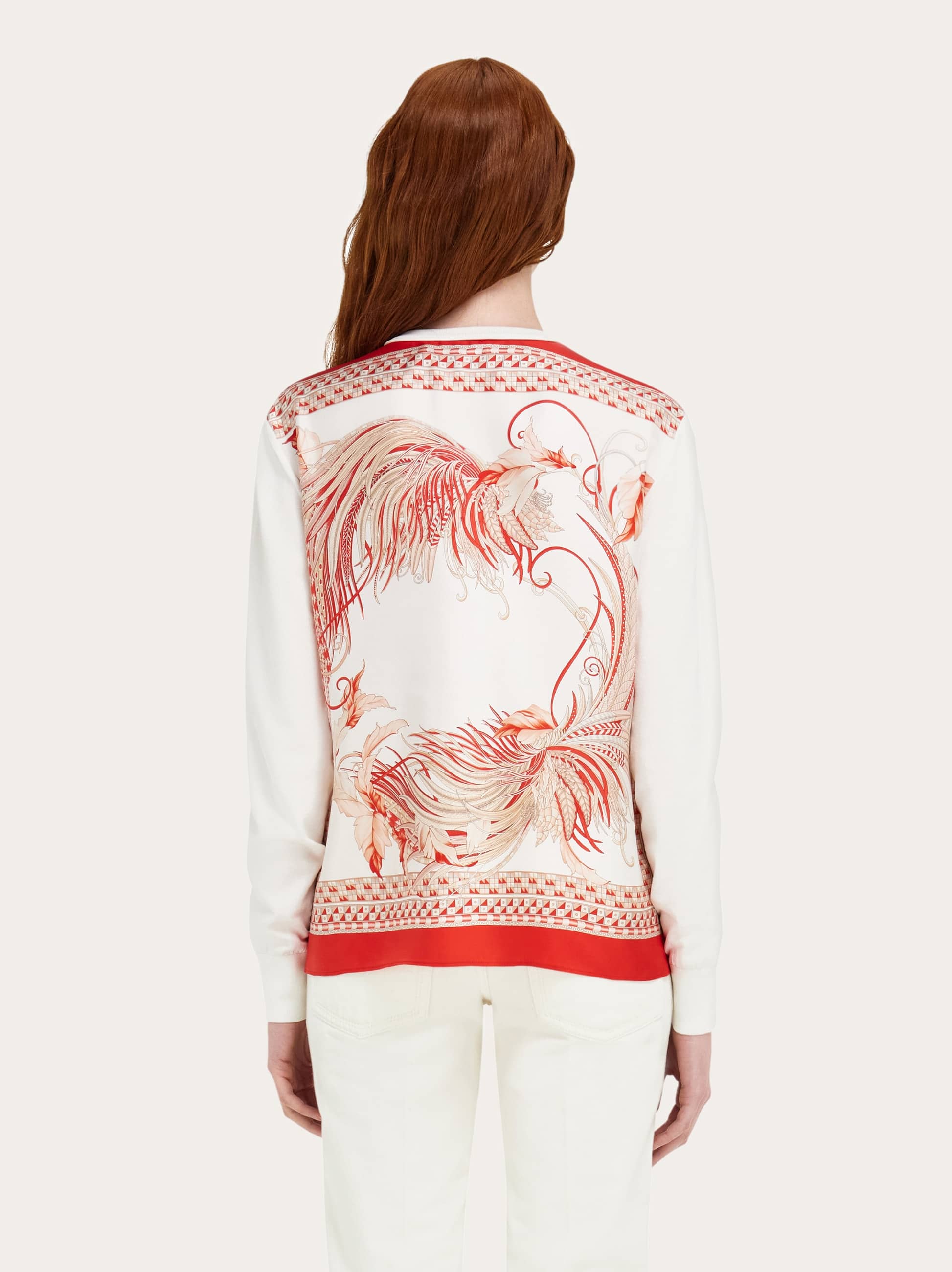  Ferragamo Damen Cardigan Aus Seidentwill Mit Federschau-print Weiß 
