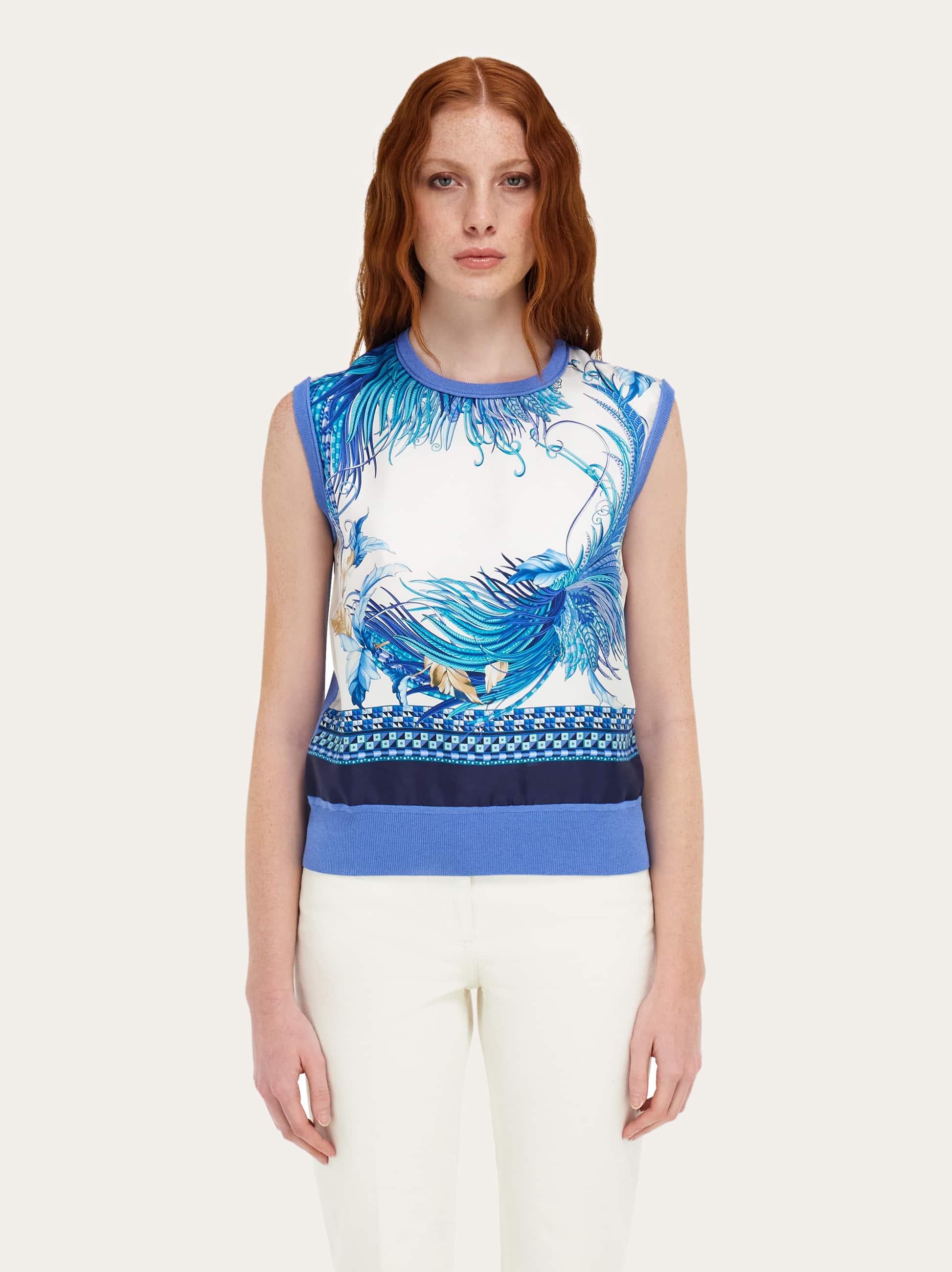  Ferragamo Damen Stricktop Mit Federschau-print Blau 