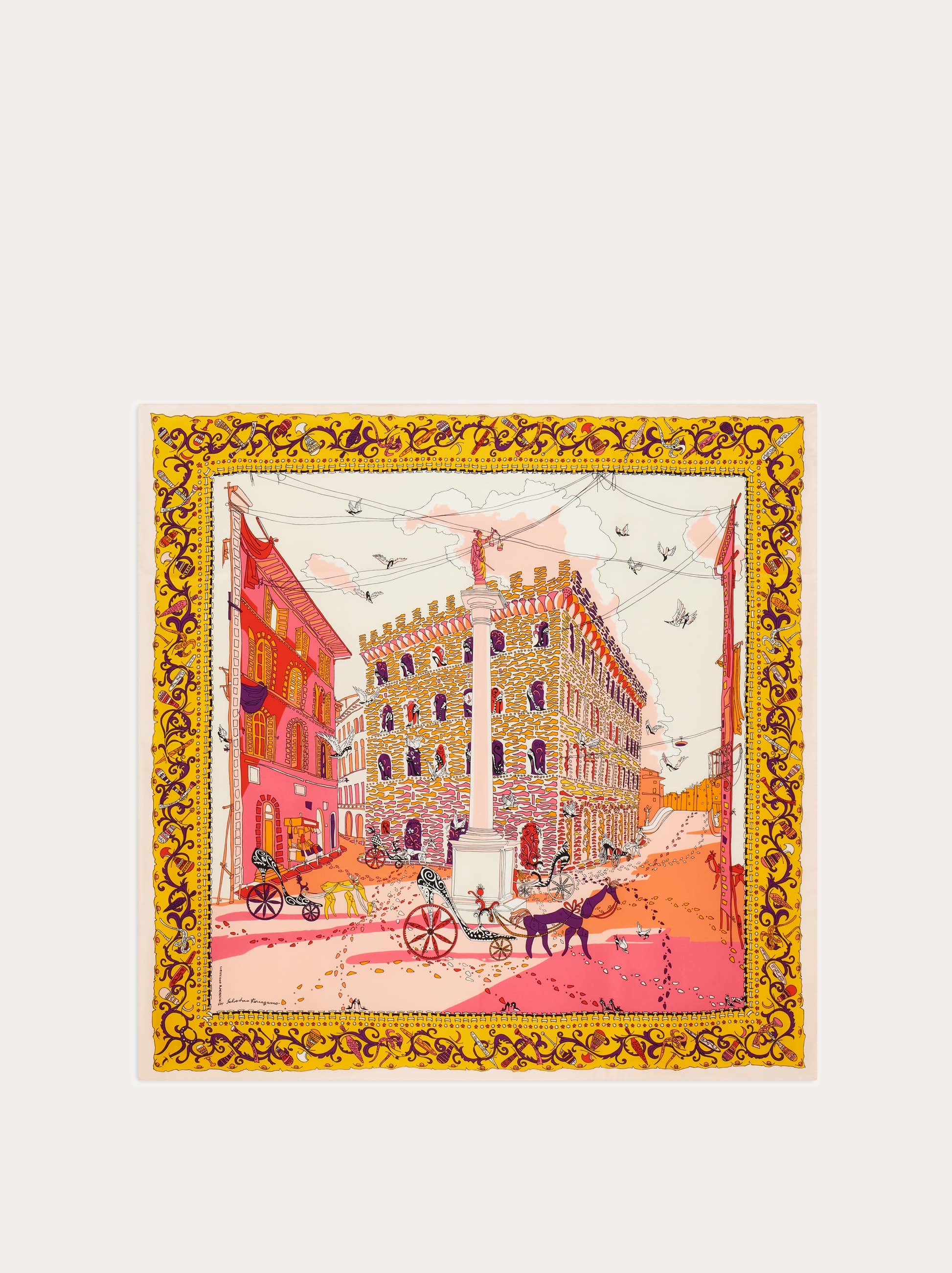 Ferragamo Donna Foulard in seta stampa Palazzo Spini Feroni Giallo/rosa/rosso