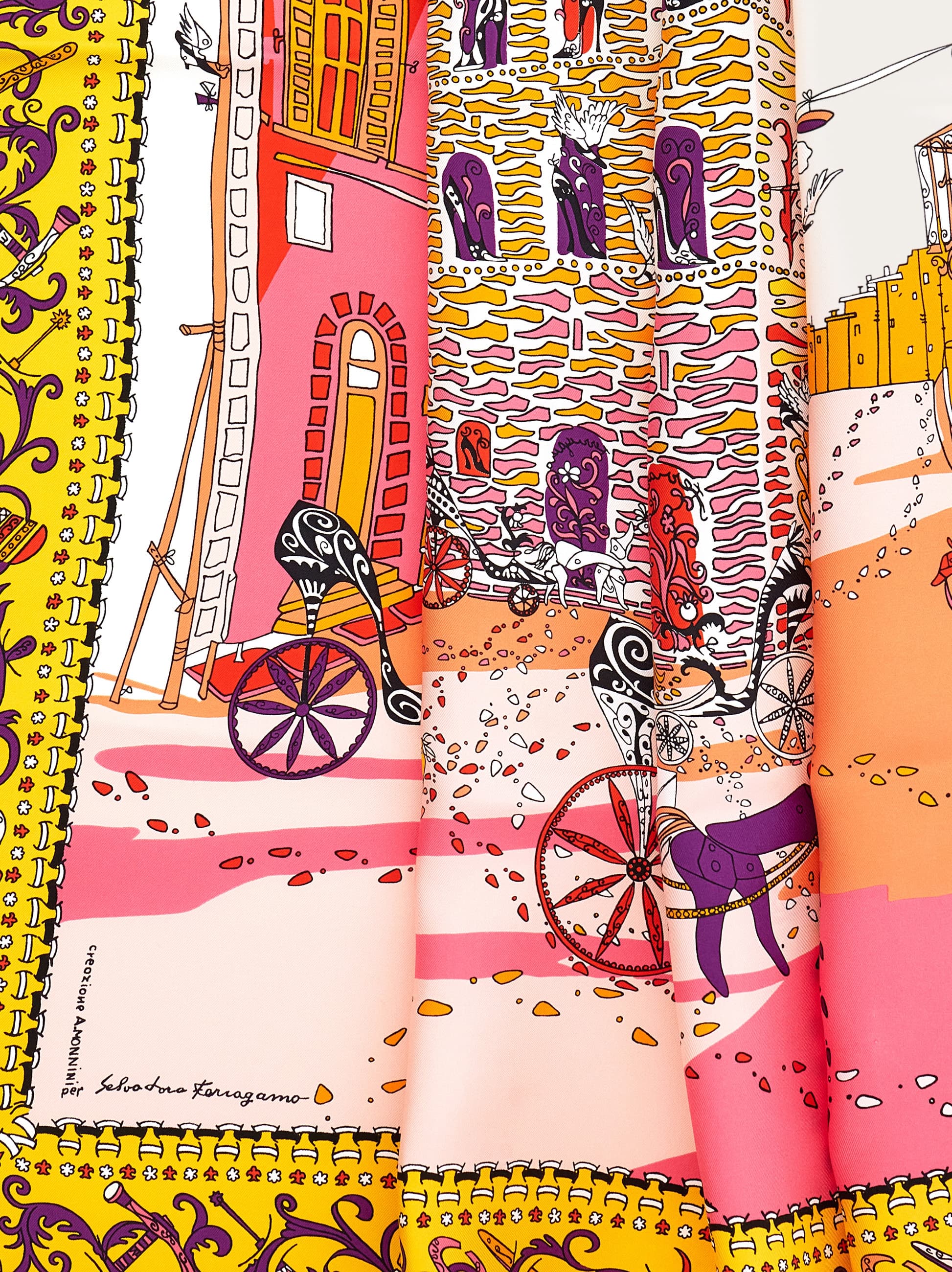  Ferragamo Damen Seidenhalstuch Mit Palazzo Spini Feroni-print Gelb 