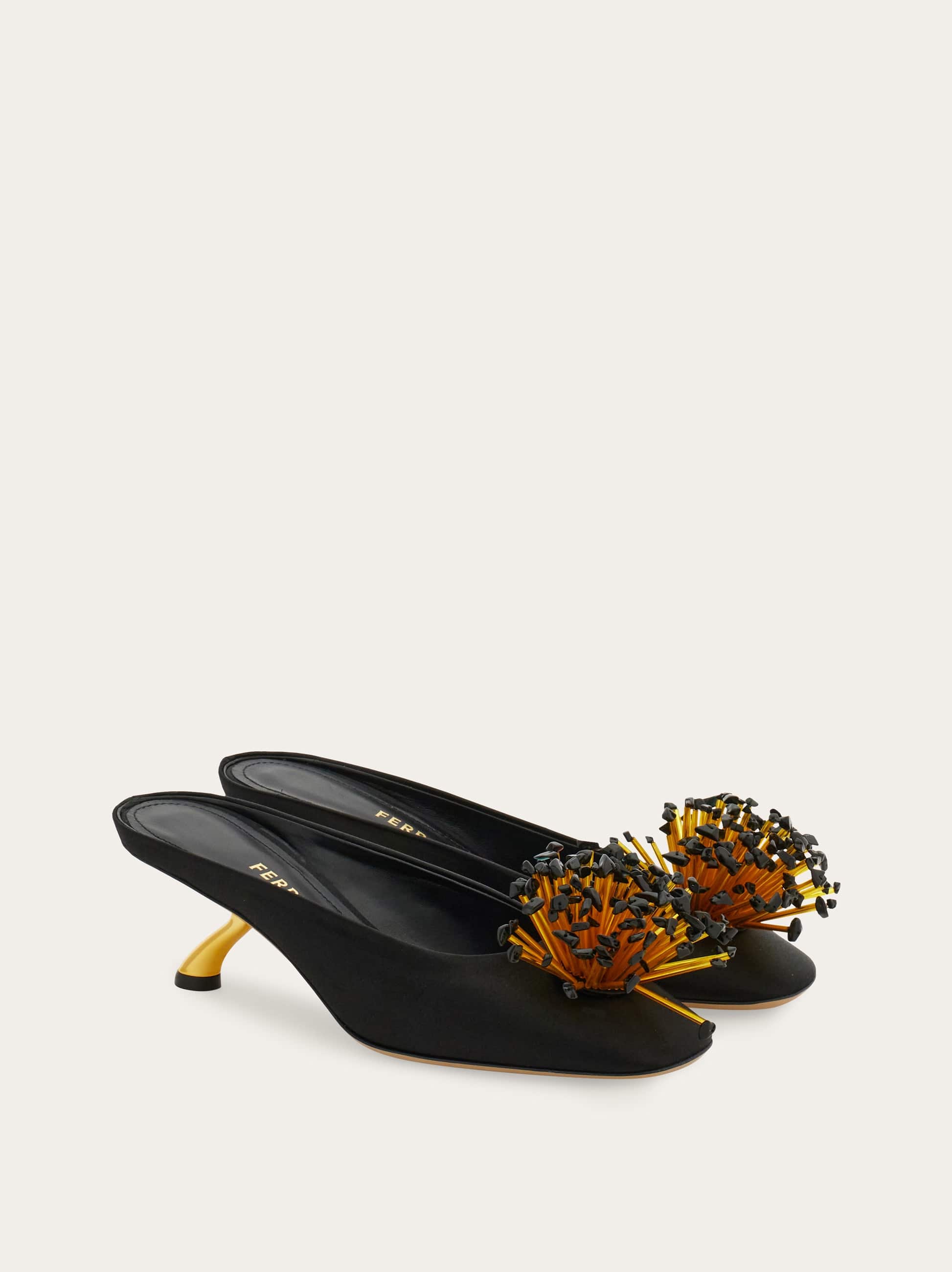 Ferragamo Black Sandals With Low Heel And Crystal Embellishment On The Front In Fabric Woman