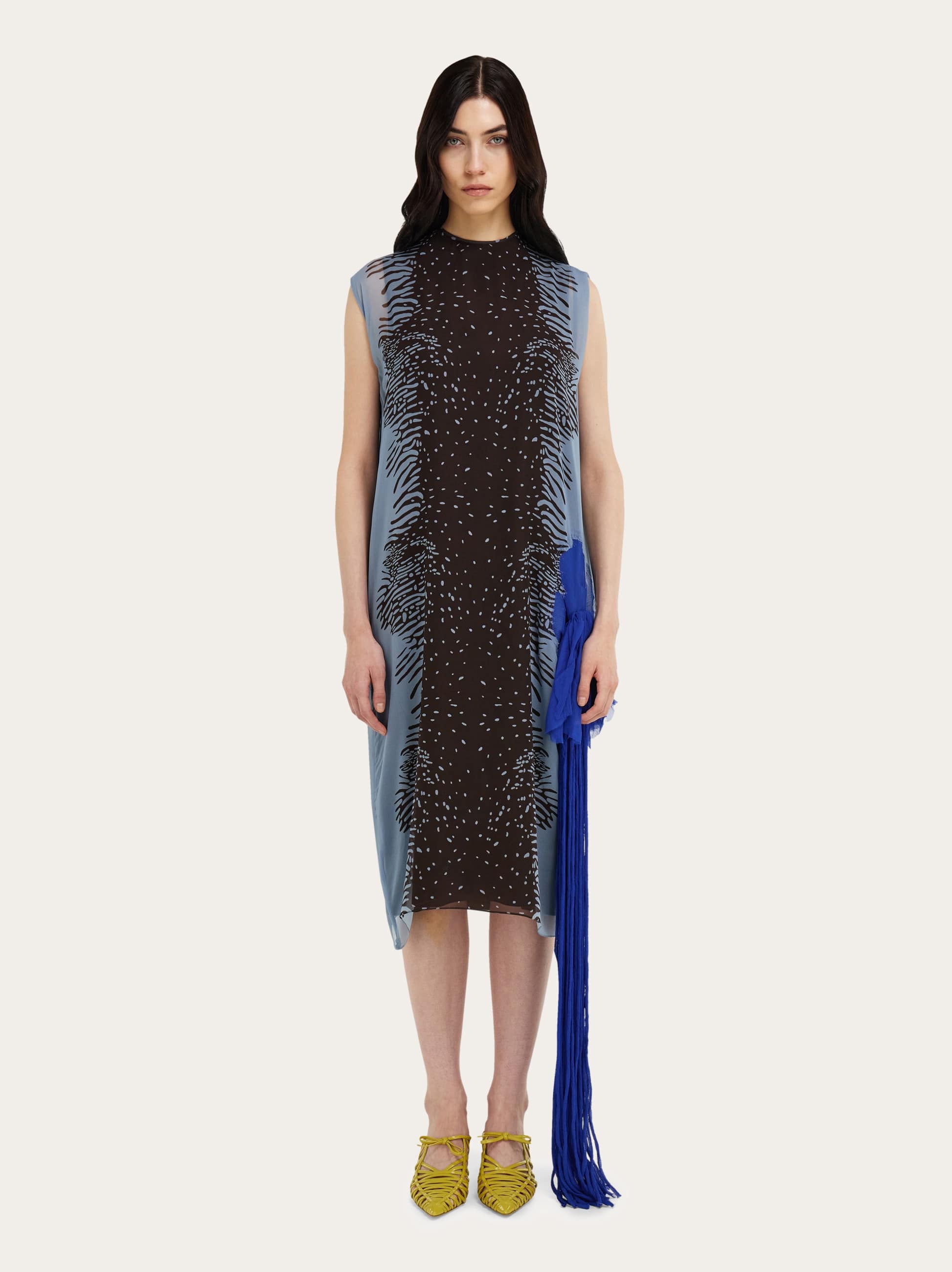 Ferragamo Cuttle Fish Print Silk Sleeveless Shift Dress In Blue