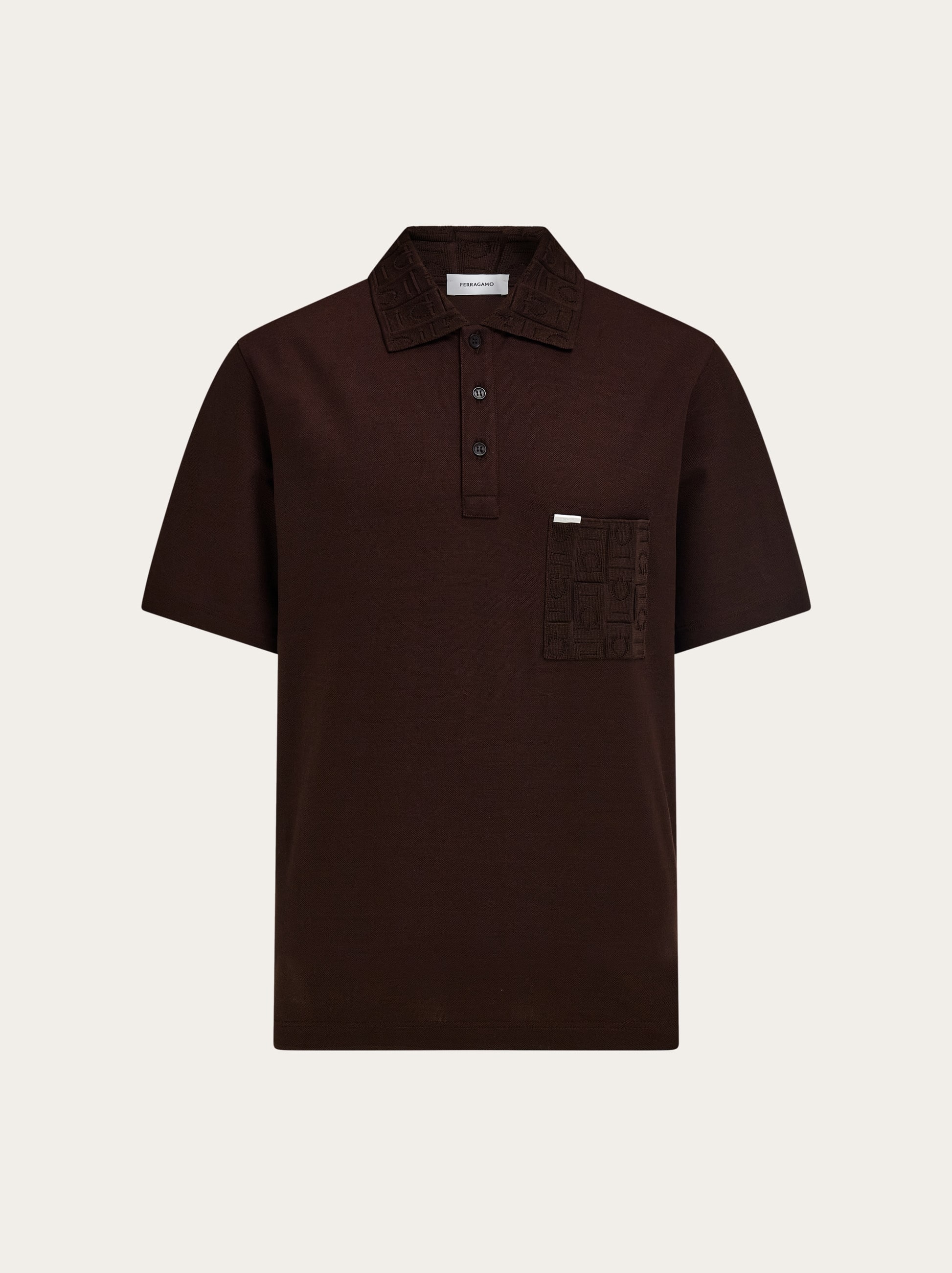 Ferragamo V-neck Polo With Jacquard Pocket Detail In Brown