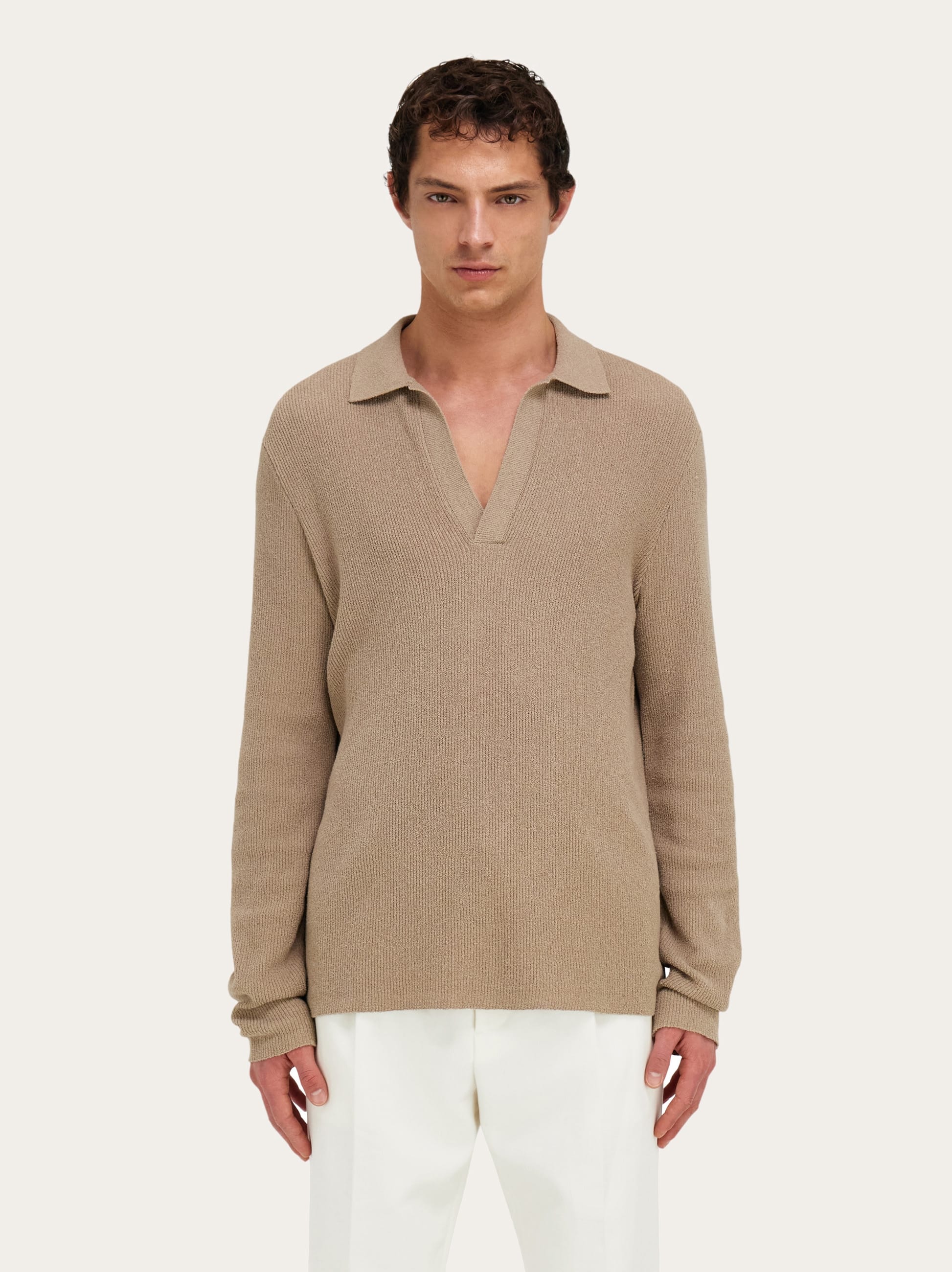  Ferragamo Herren Langärmliges Polohemd Beige 