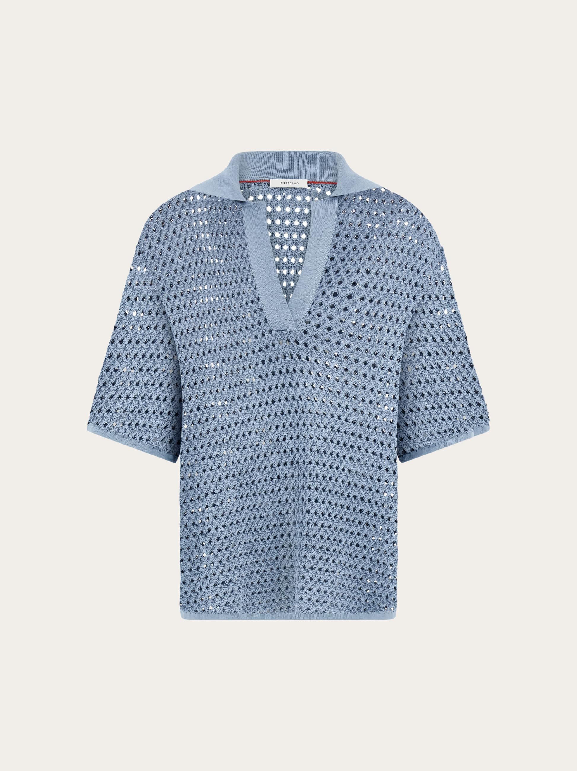 Ferragamo Open Knit Polo Shirt In Blue