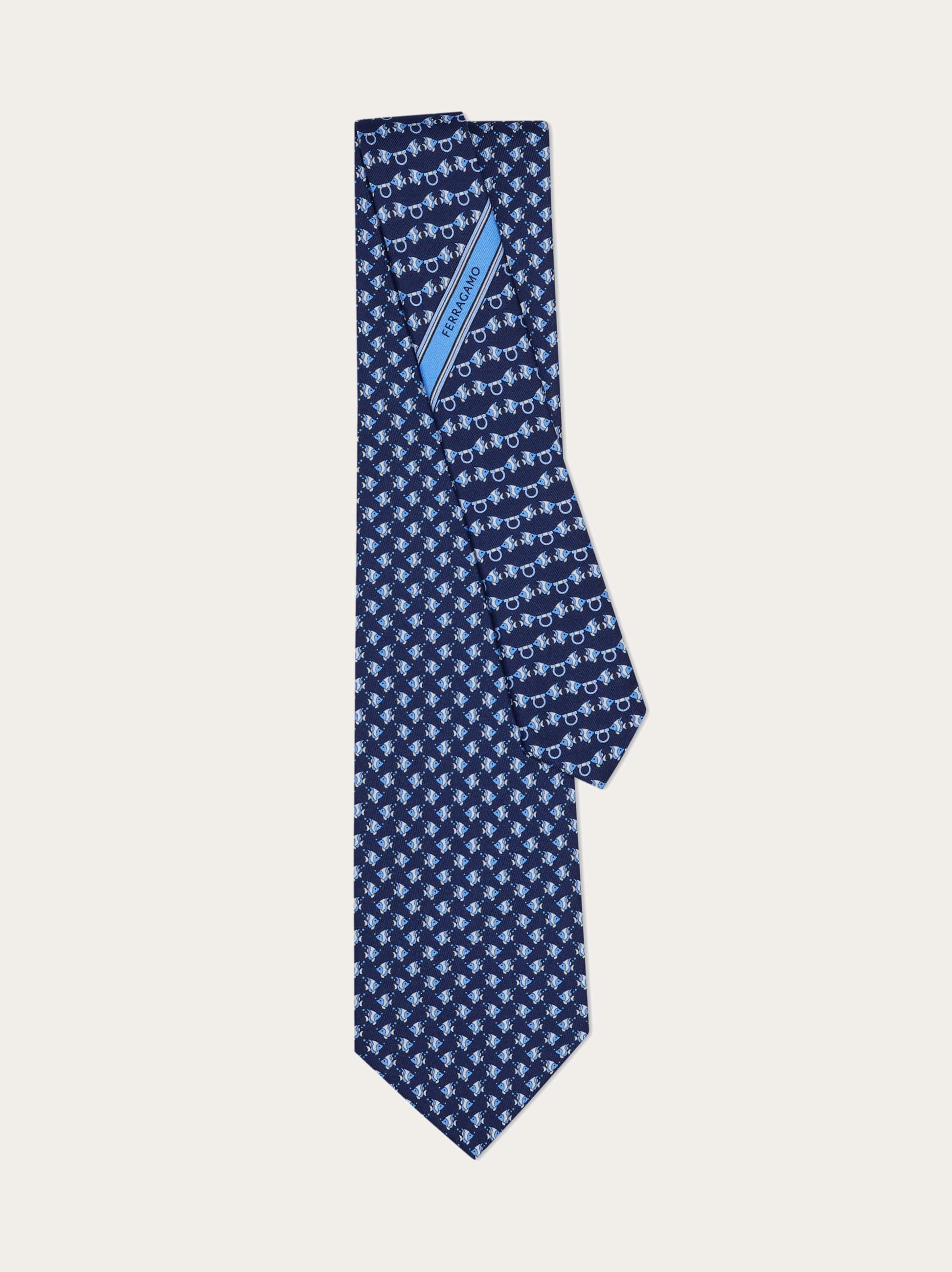  Ferragamo Men Mini Fish Print Silk Tie Blue 
