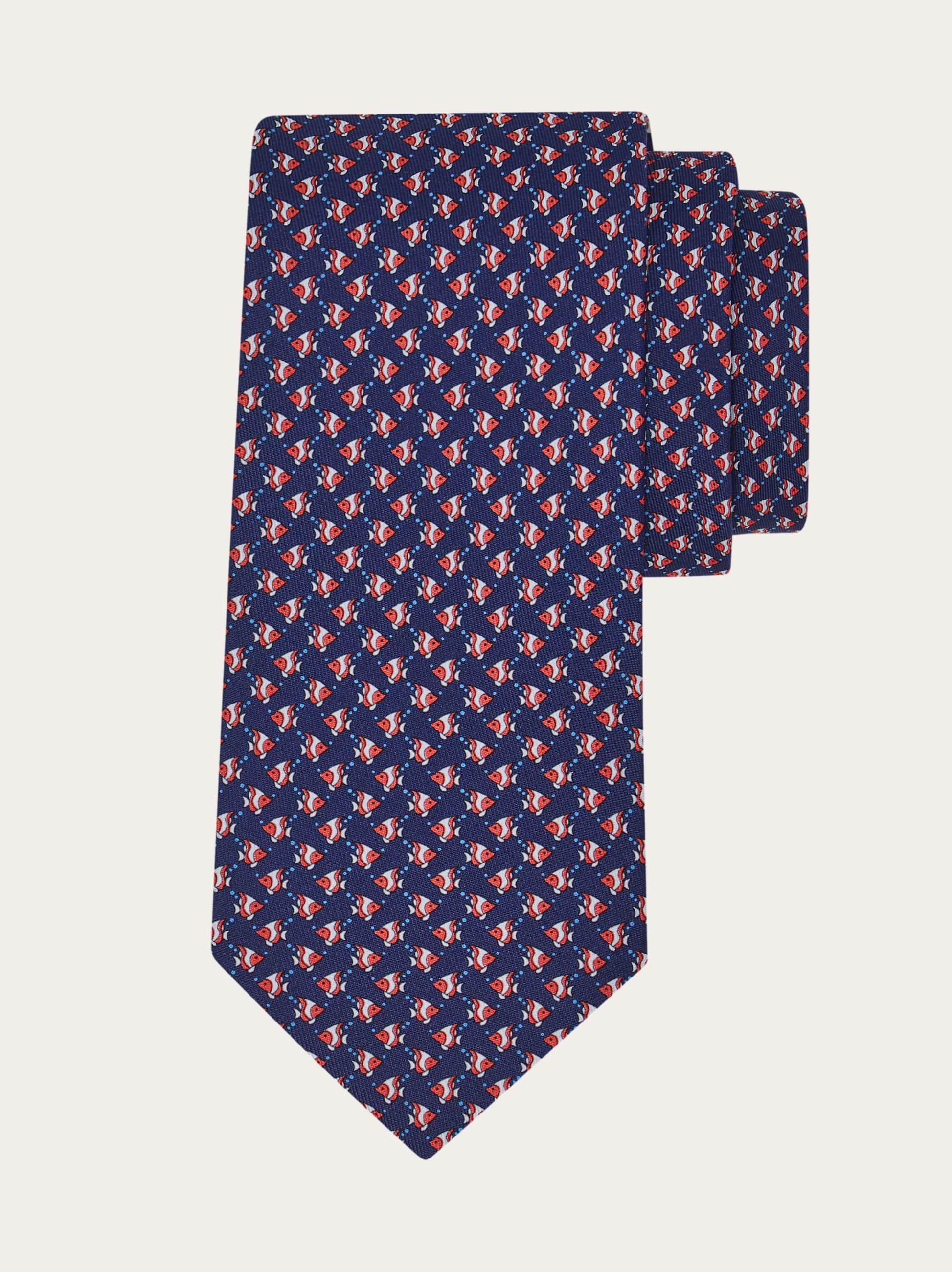Ferragamo Men Mini fish print silk tie Blue