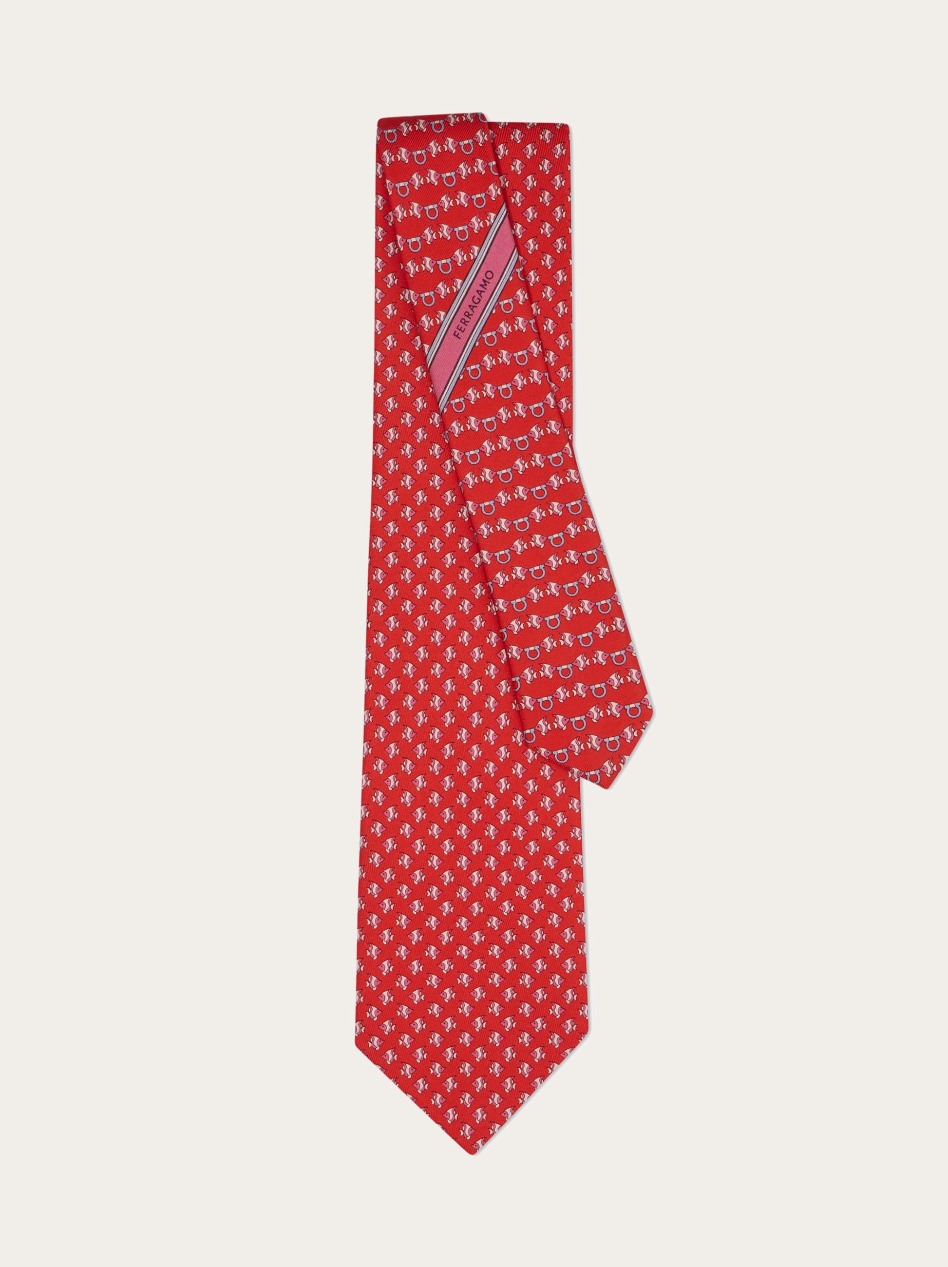  Ferragamo Men Mini Fish Print Silk Tie Red 