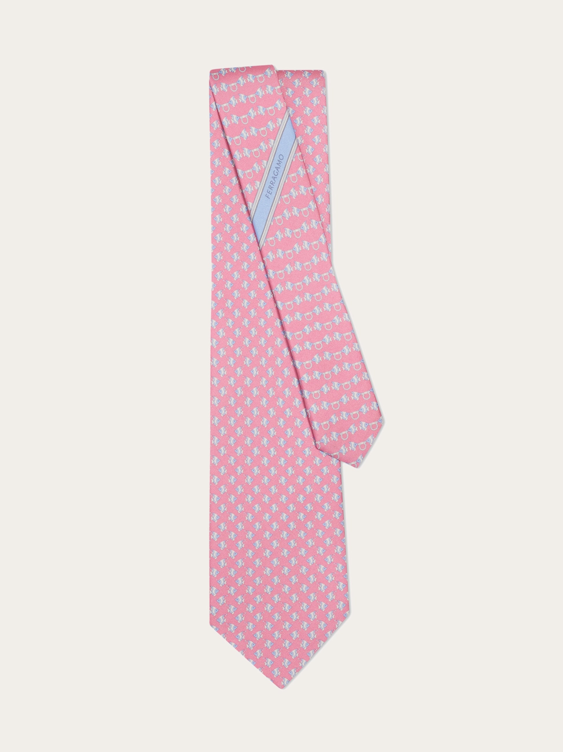  Ferragamo Men Mini Fish Print Silk Tie Pink 