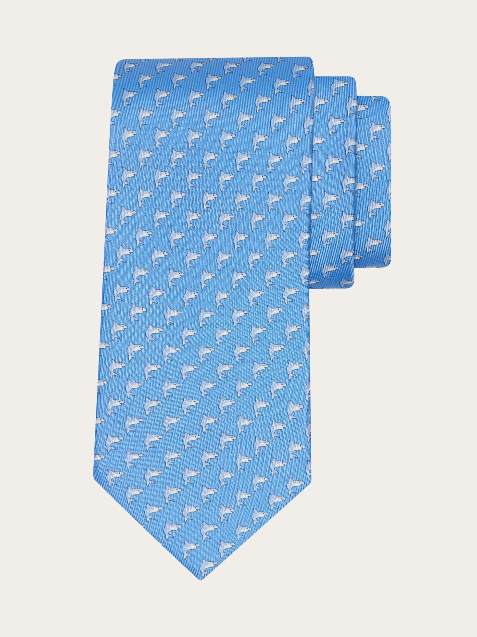 Ferragamo Shark Print Silk Tie In Blue
