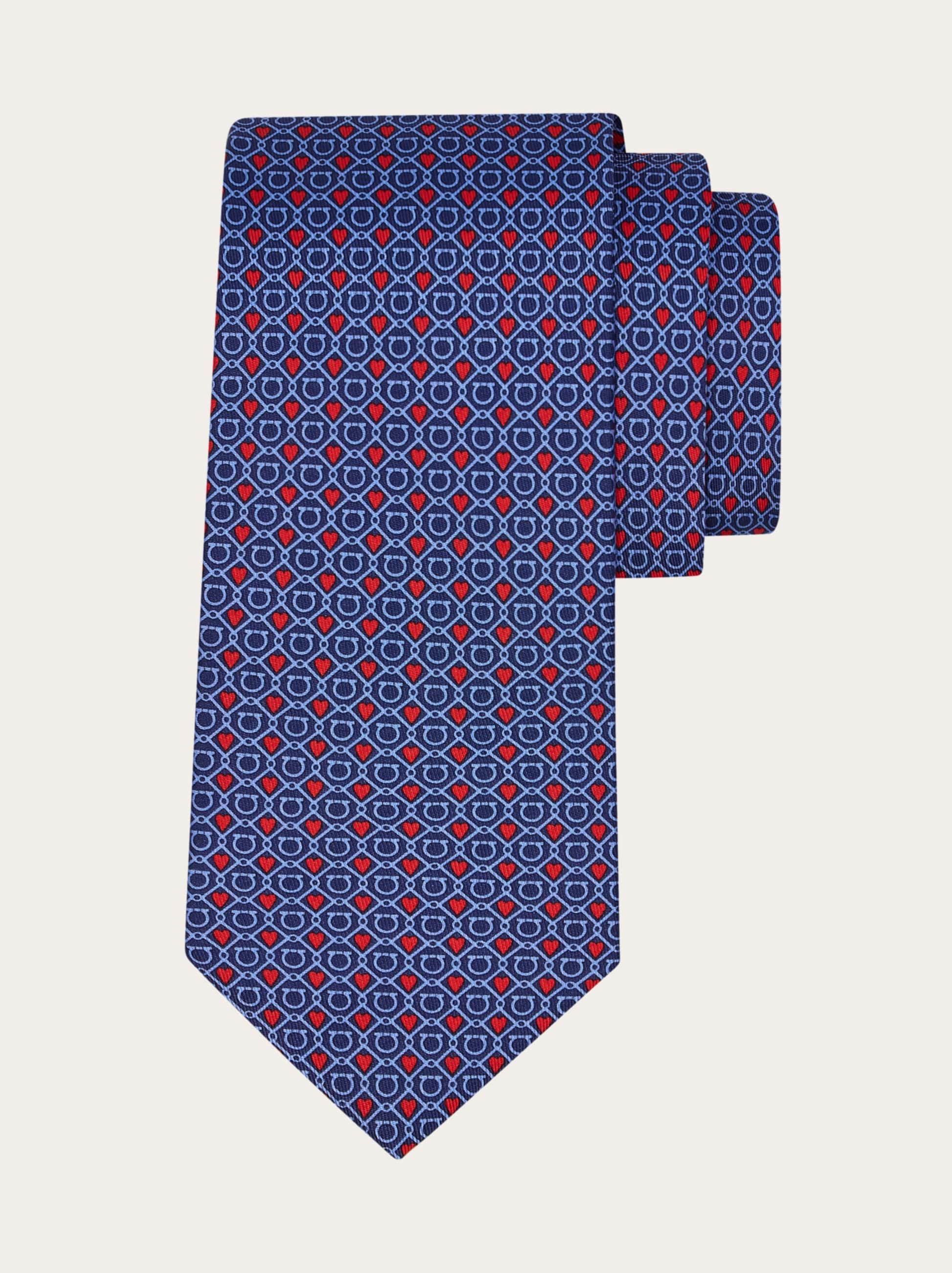 Ferragamo Uomo Cravatta in seta stampa Gancini e cuori Blu