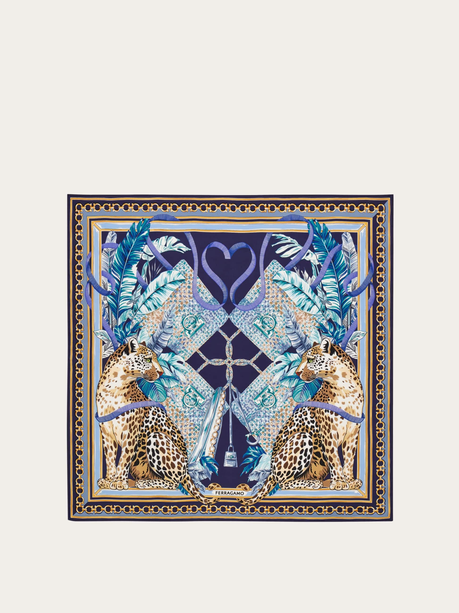 Ferragamo Women's Blue Poised Leopards Print Silk Scarf