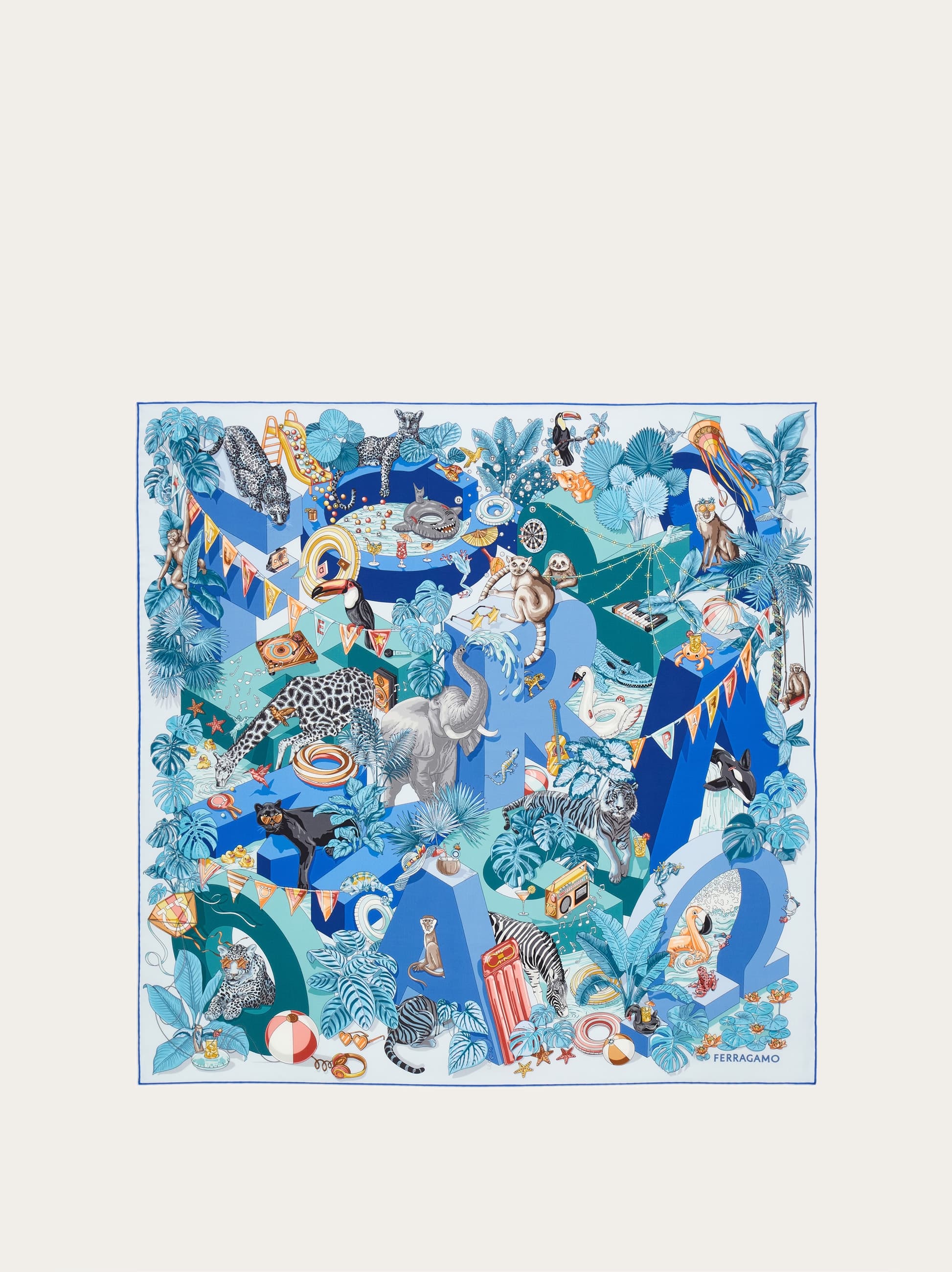 Ferragamo Donna Foulard in seta stampa Jungle party Blu