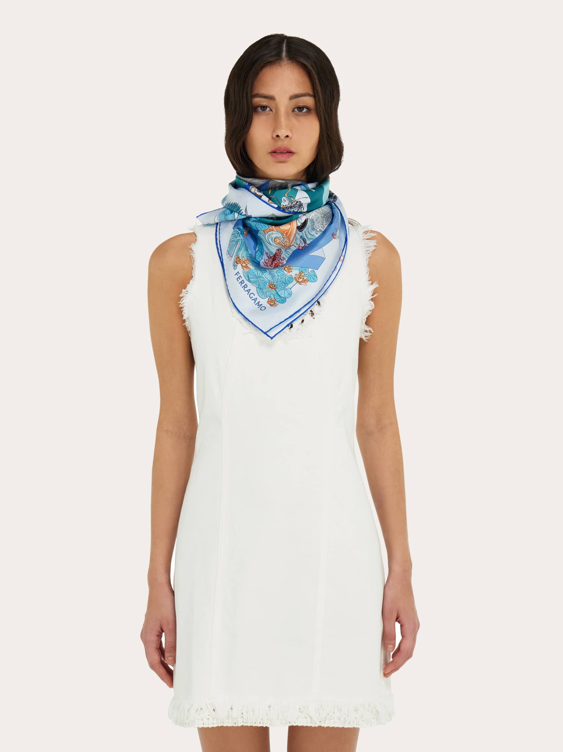  Ferragamo Damen Seidenhalstuch Mit Jungle-party-print Blau 