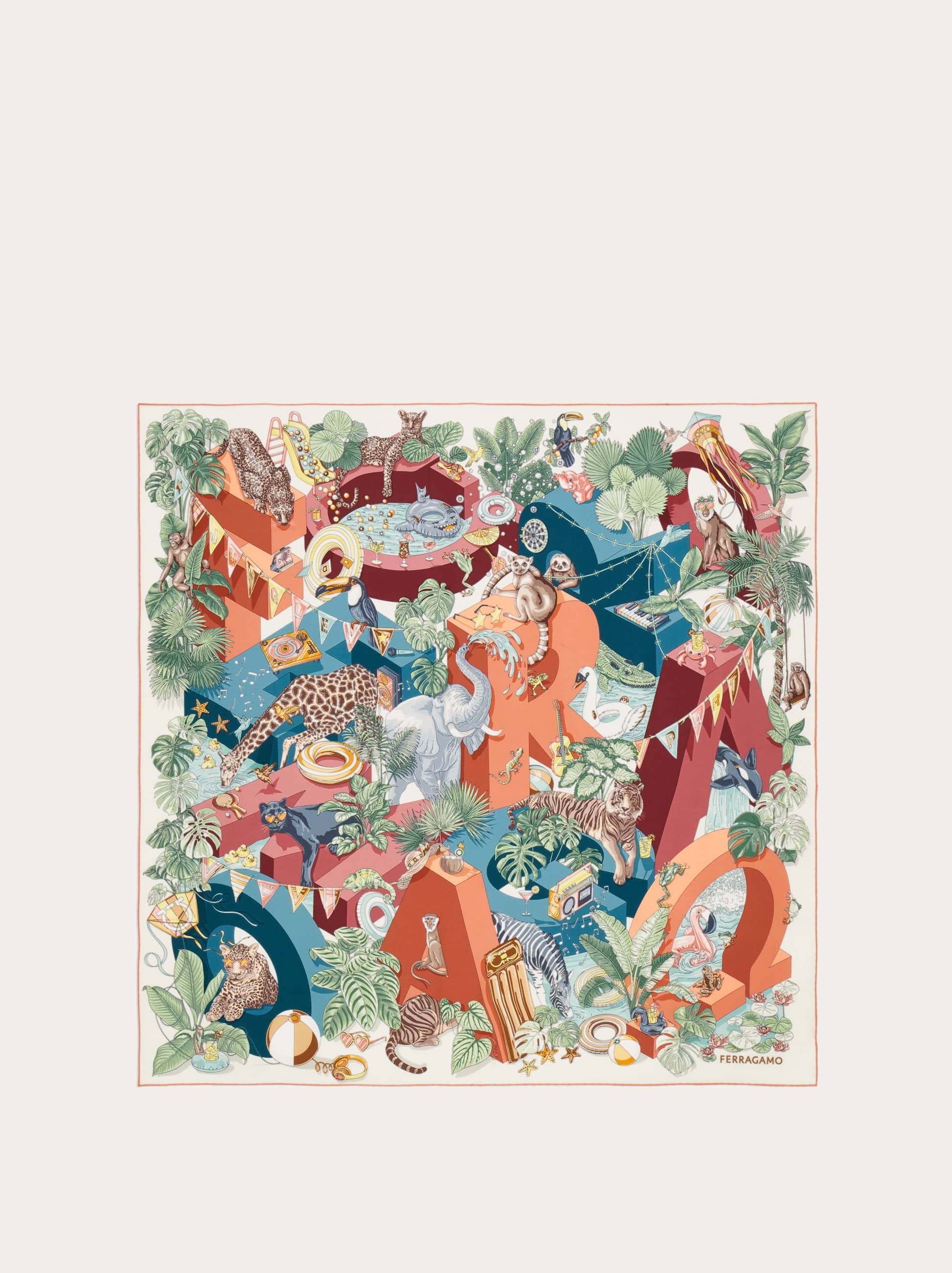 Ferragamo Women's Orange Jungle Party Print Silk Scarf