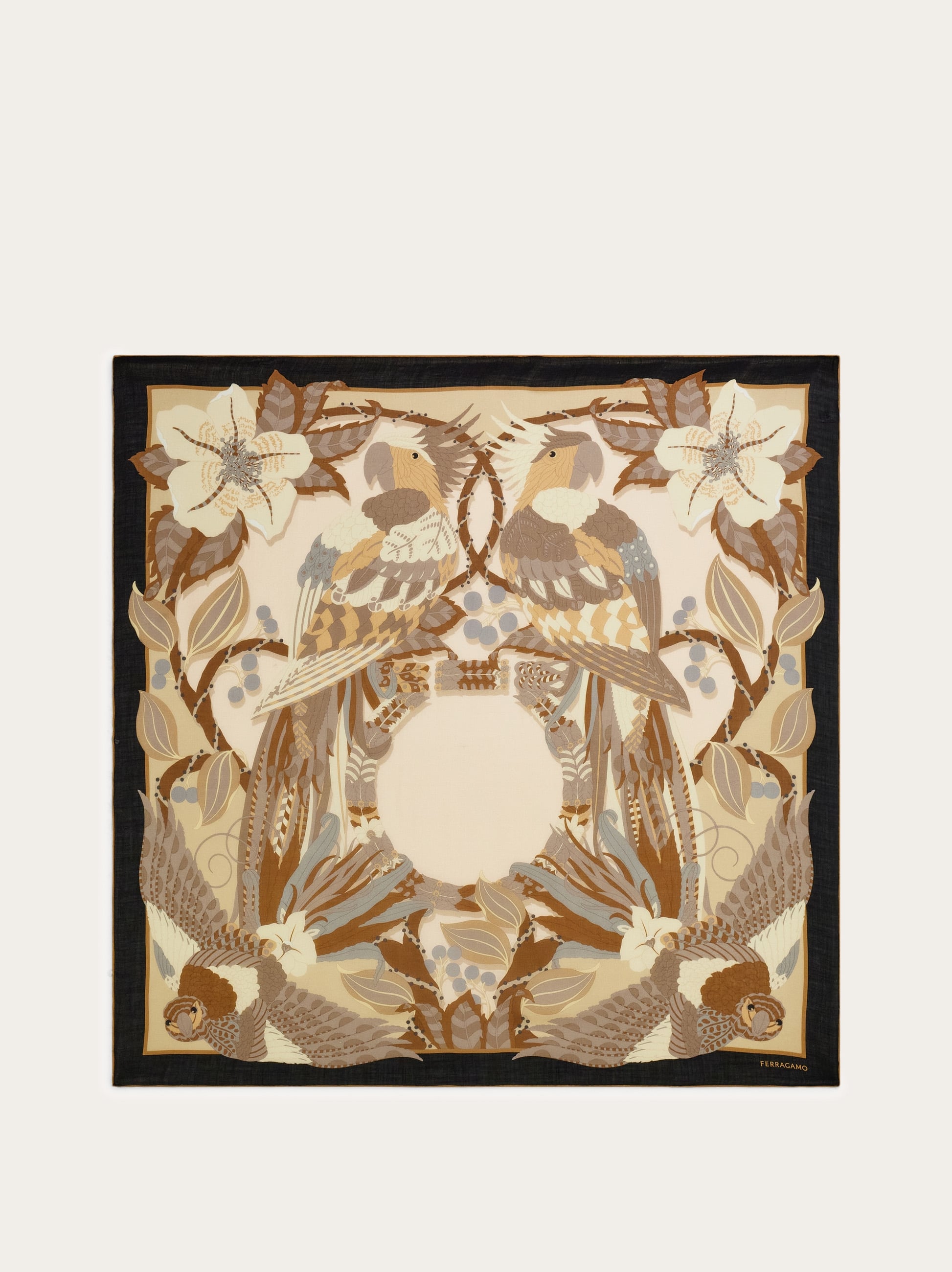 Ferragamo Parrots Print Cashmere Shawl In Brown