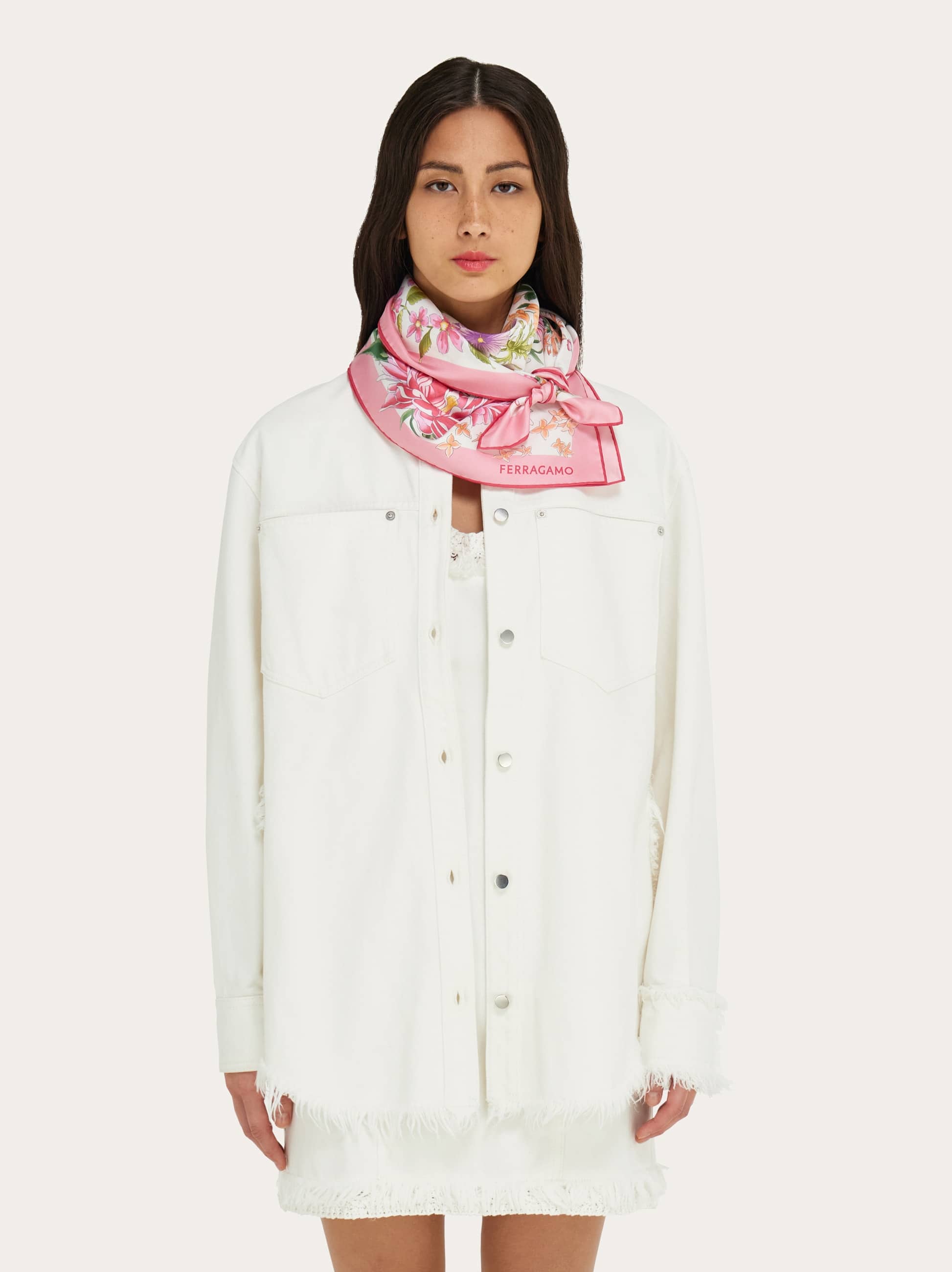  Ferragamo Damen Seidenhalstuch Mit Frühlingsprint Rosa 