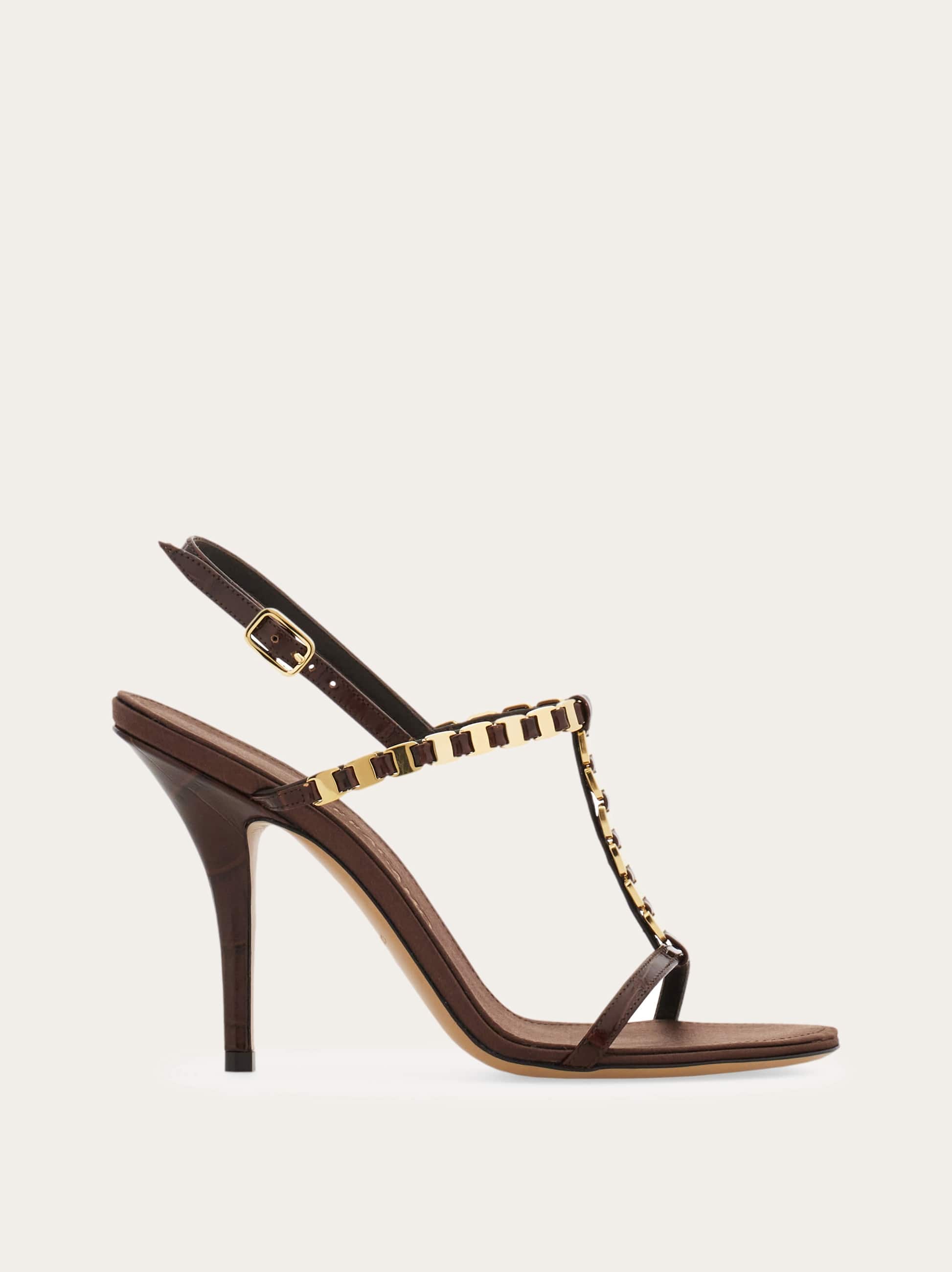 Ferragamo Women Vara chain T-strap sandal Brown Size 5