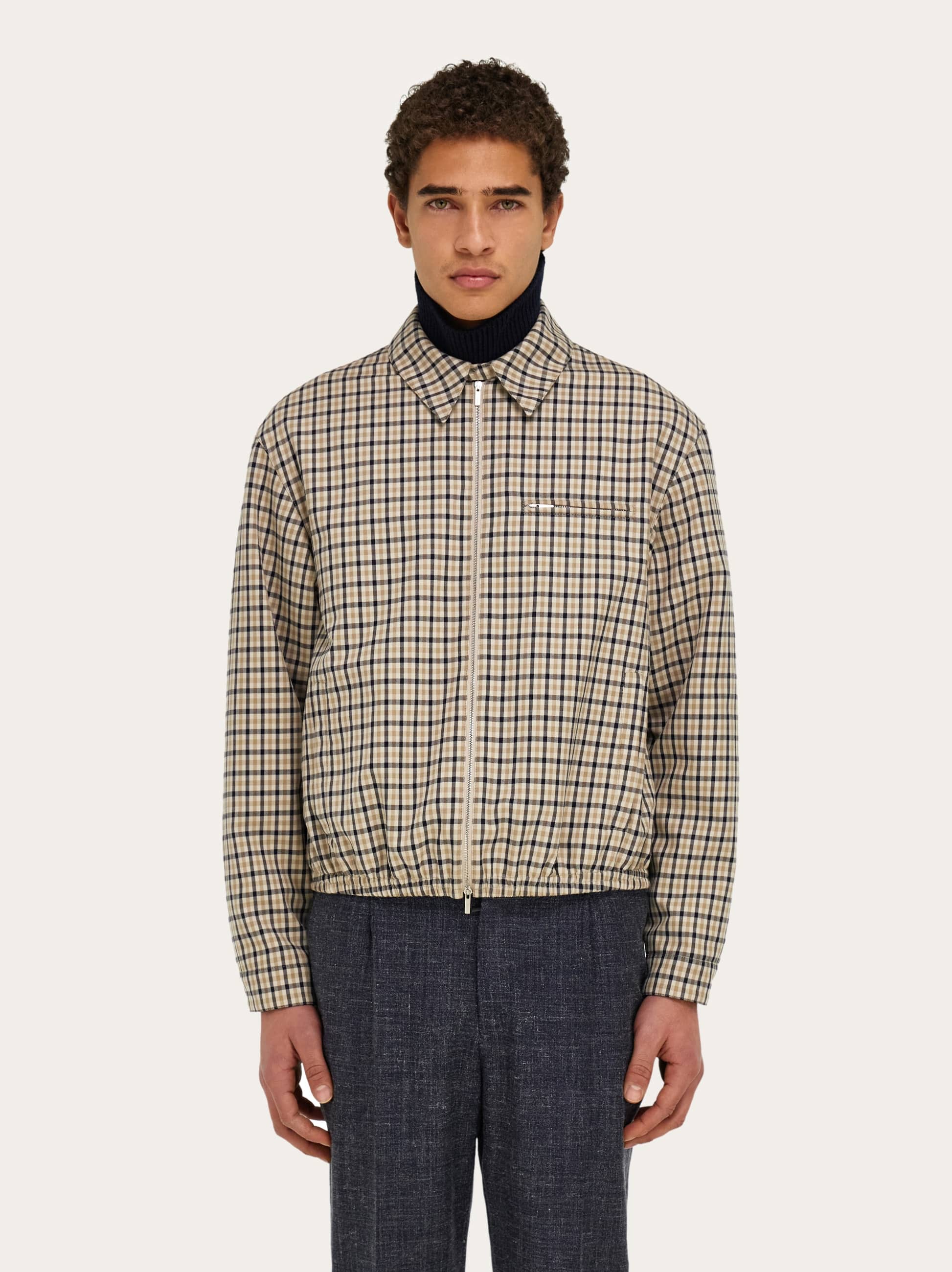  Ferragamo Men Check Bomber Jacket Blue 