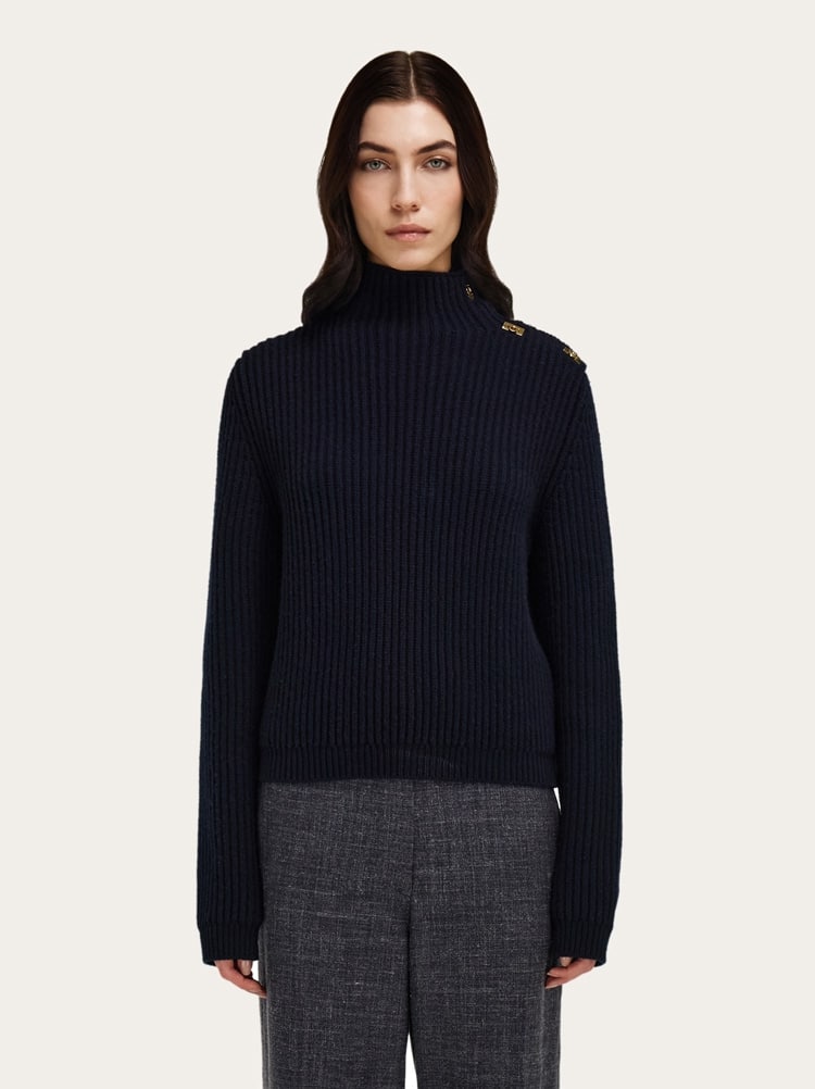 Ferragamo Wool Blend Sweater Button Shoulder Mock Neck In Blue