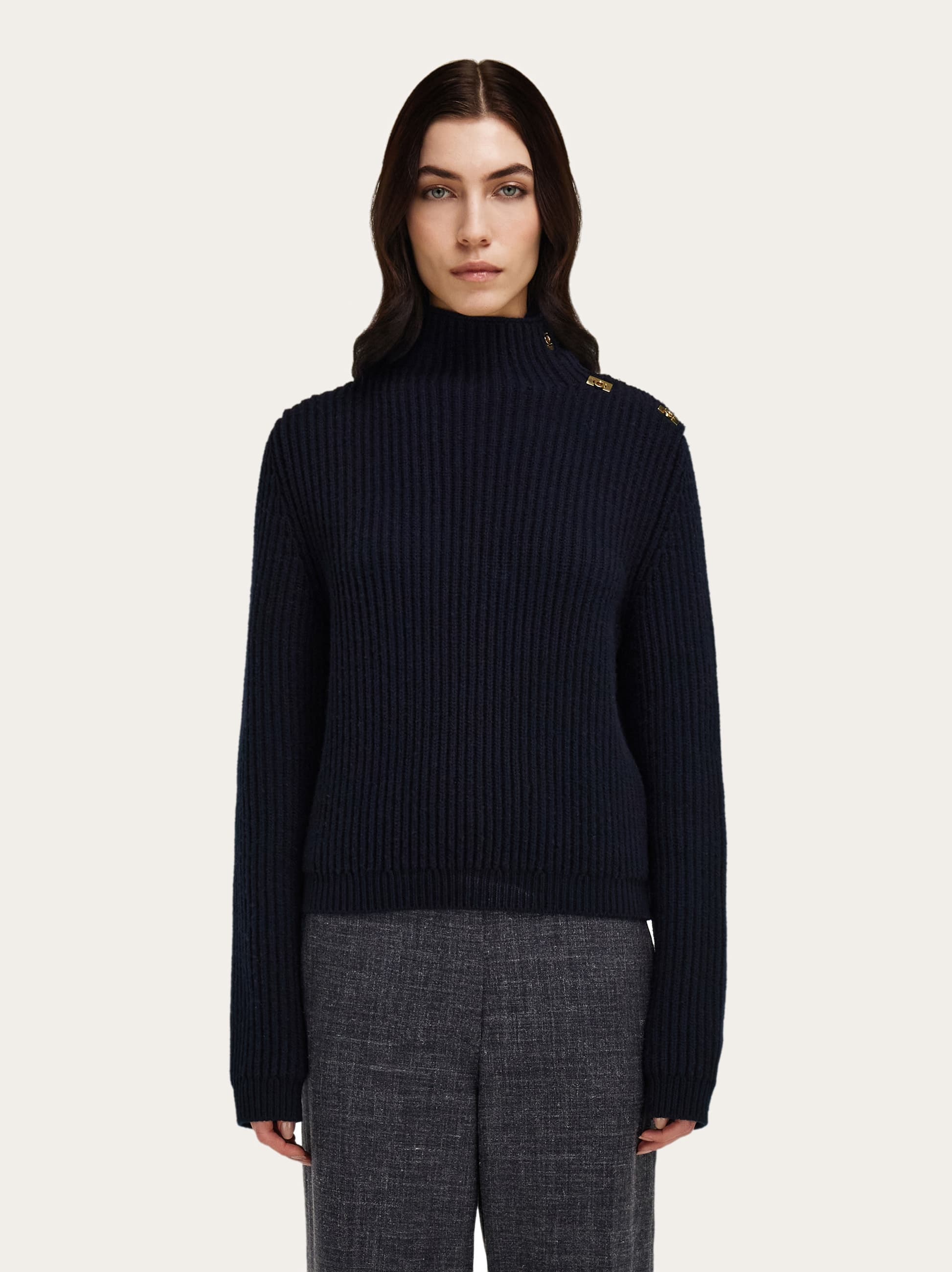 Ferragamo Wool Blend Sweater Button Shoulder Mock Neck In Blue