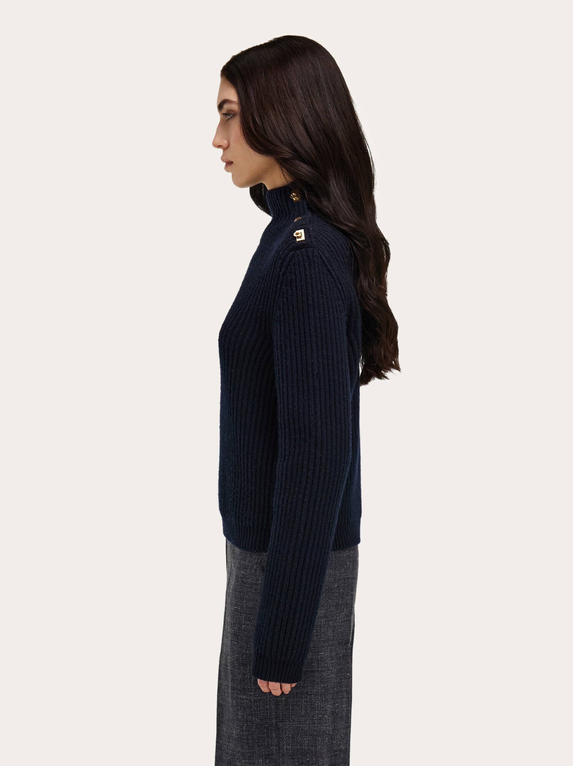 Ferragamo Wool Blend Sweater Button Shoulder Mock Neck In Blue