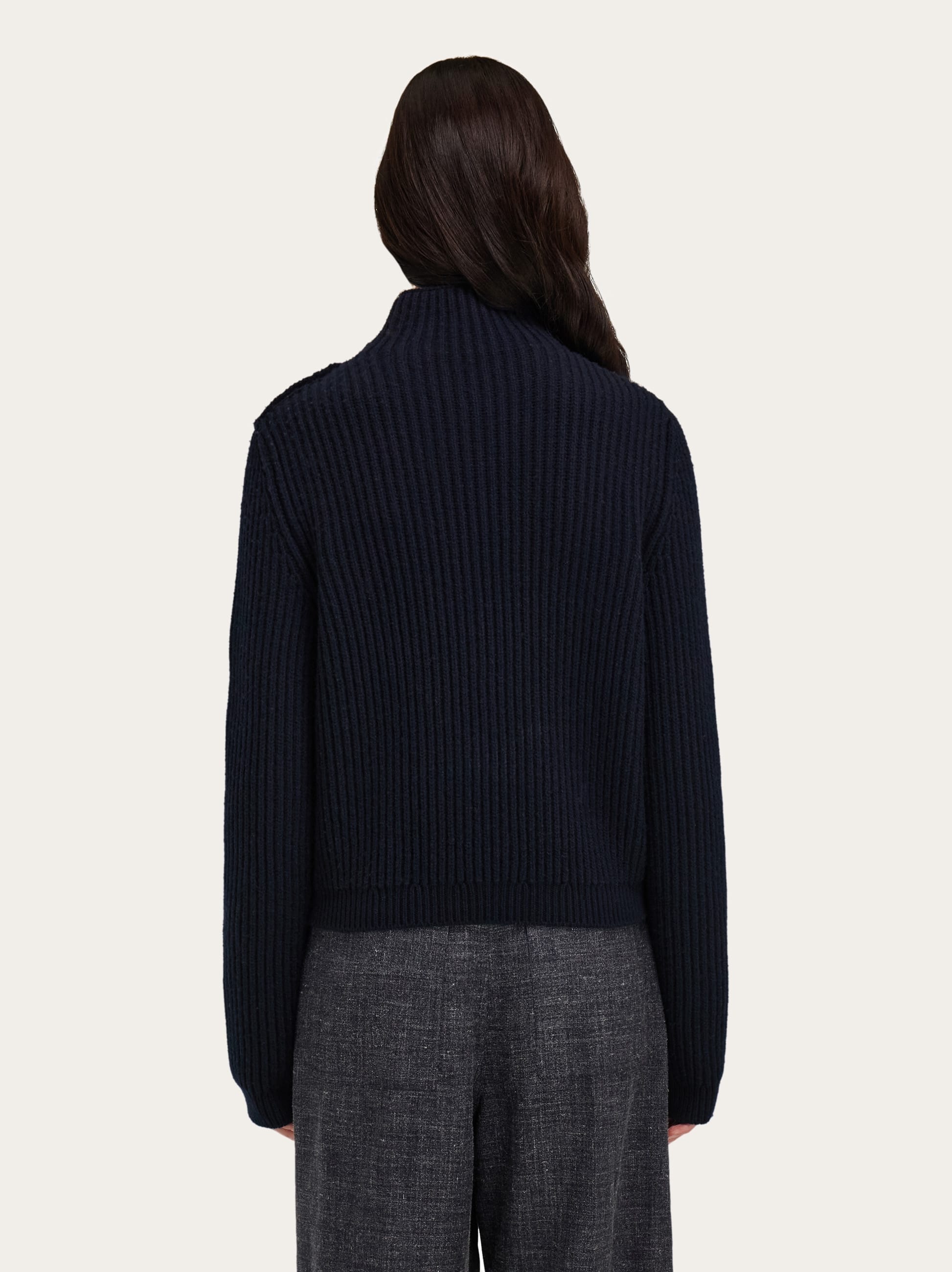 Ferragamo Wool Blend Sweater Button Shoulder Mock Neck In Blue
