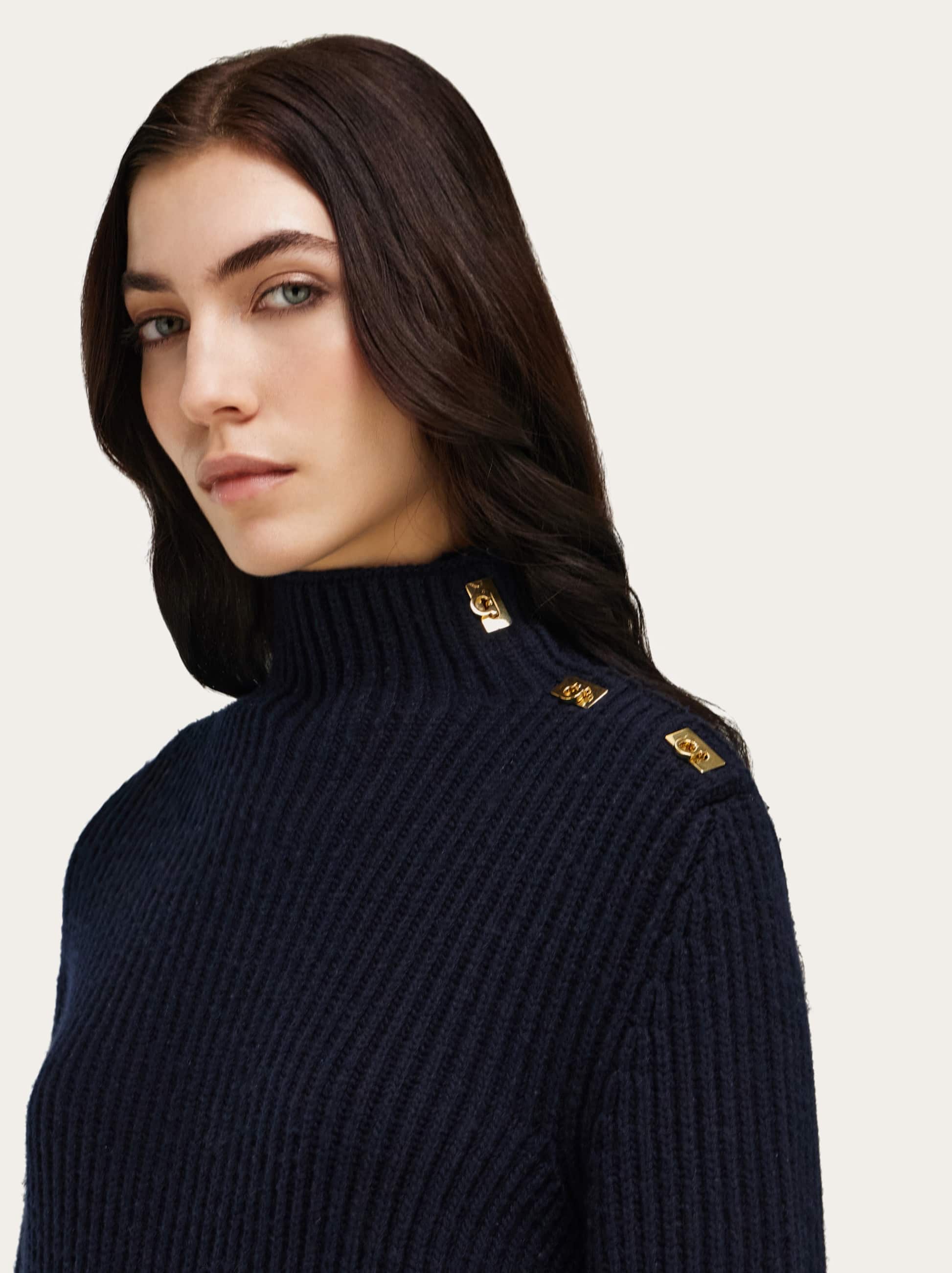 Ferragamo Wool Blend Sweater Button Shoulder Mock Neck In Blue