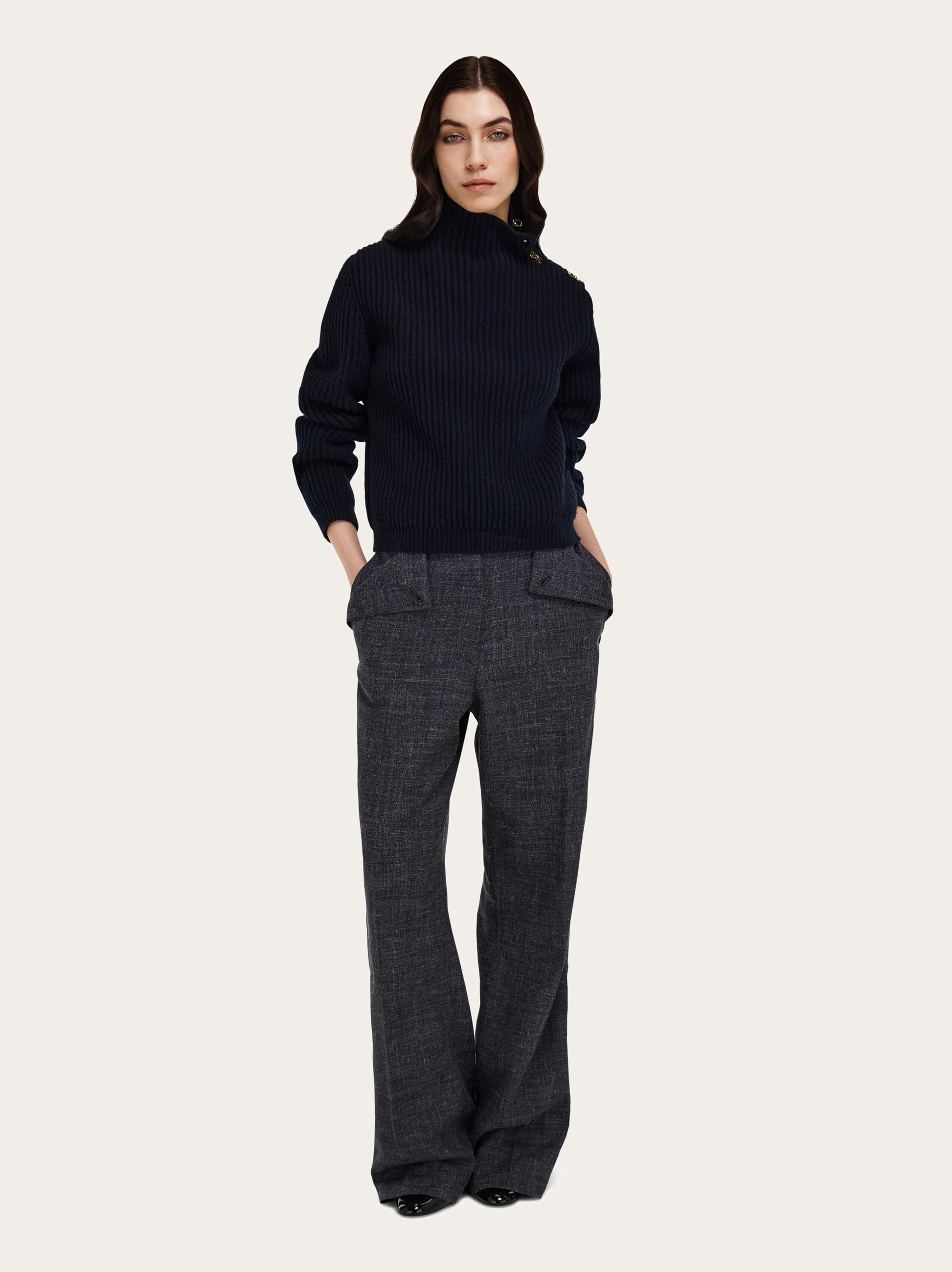 Ferragamo Wool Blend Sweater Button Shoulder Mock Neck In Blue