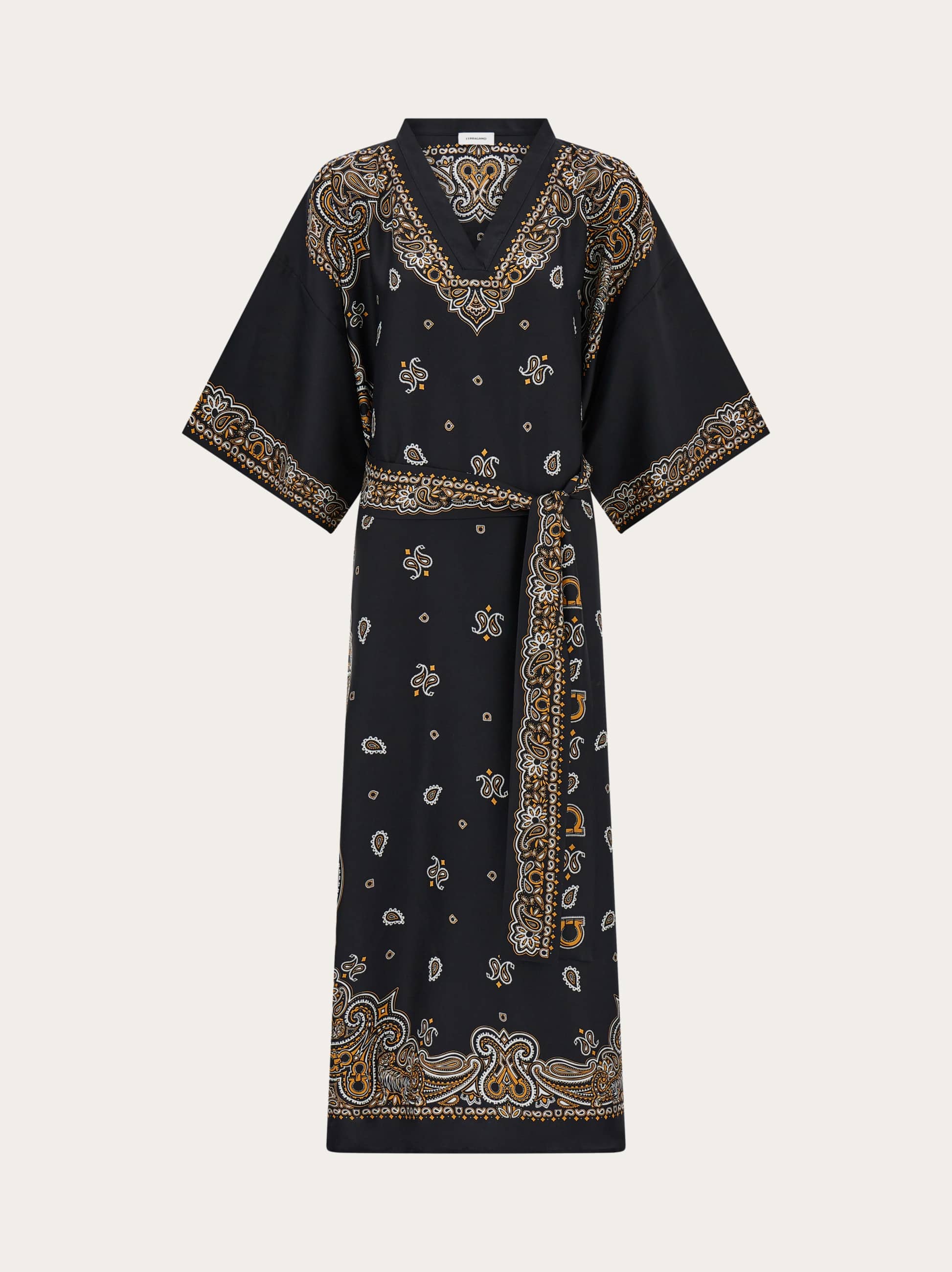 Ferragamo Donna Caftano in seta stampa Arabesque Nero