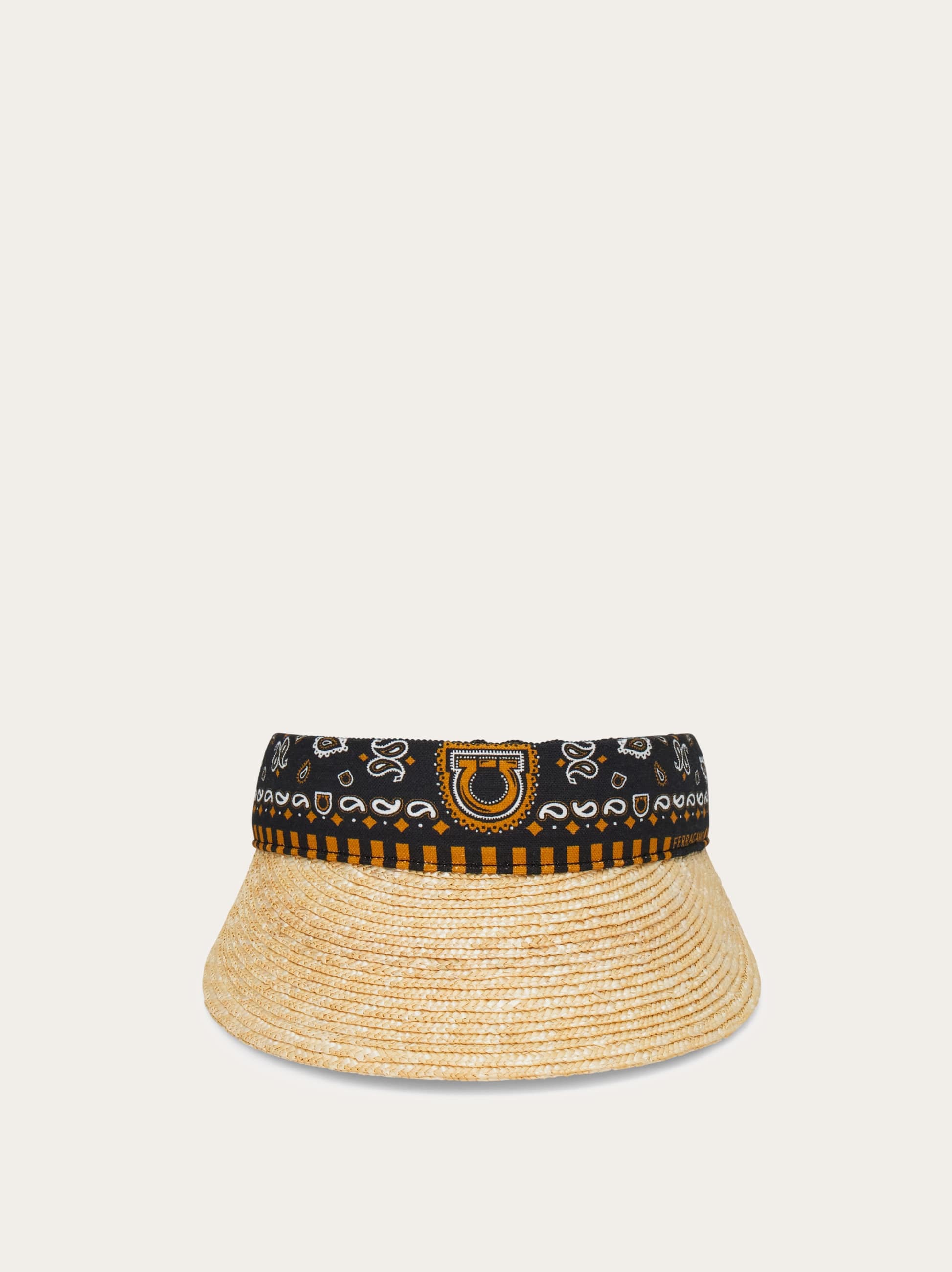 Ferragamo Donna Visiera in paglia stampa Arabesque Nero
