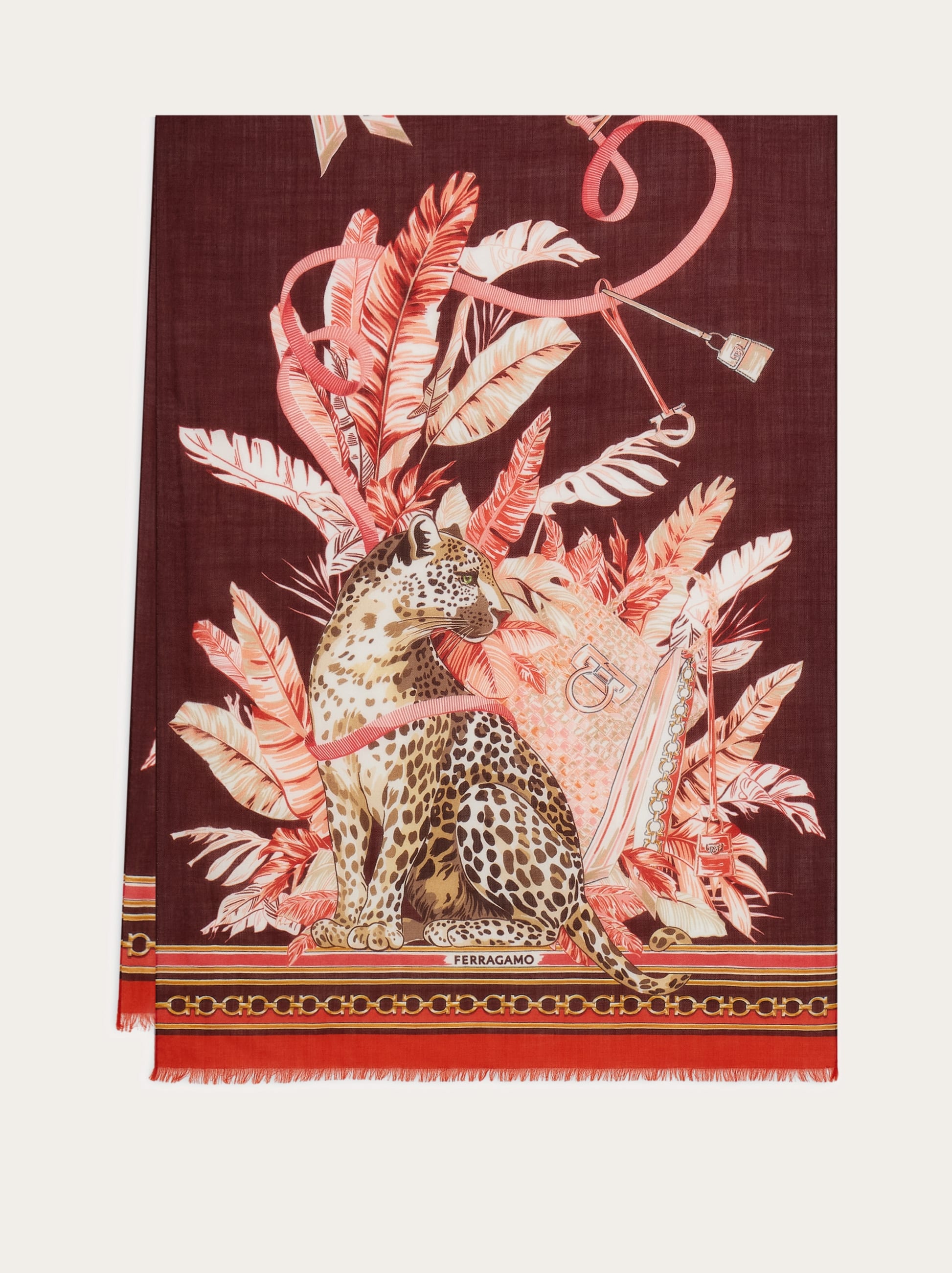 Ferragamo Women Feline print pure wool stole Red