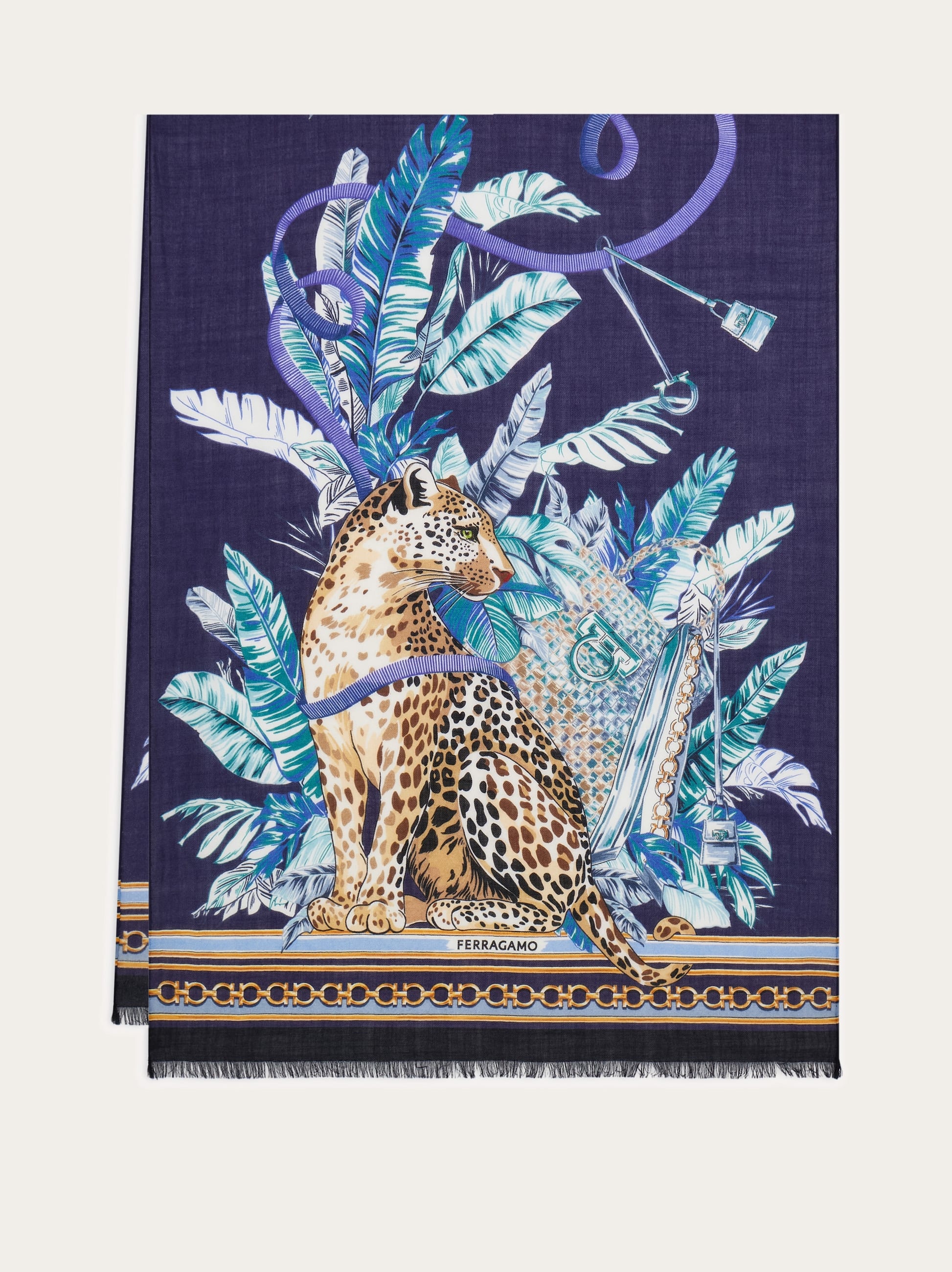 Ferragamo Feline Print Pure Wool Stole In Blue