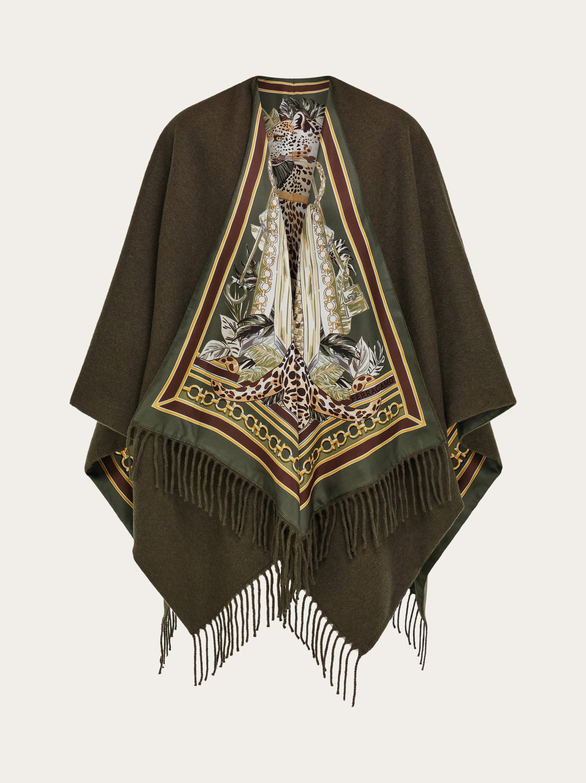 Ferragamo Cape En Cachemire Et Soie Imprimé Félin Vert In Green