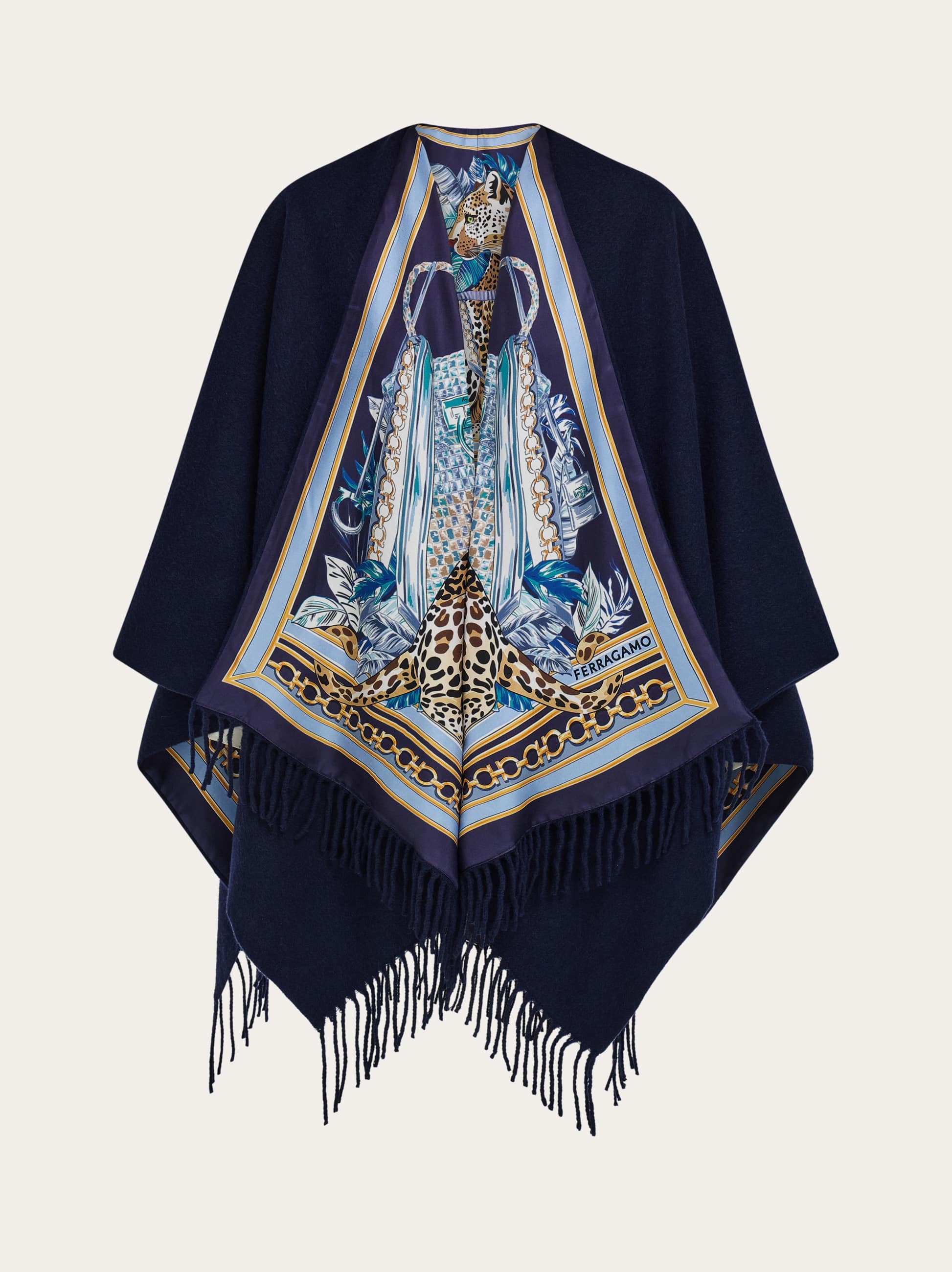 Ferragamo Cape En Cachemire Et Soie Imprimé Félin Bleu In Blue