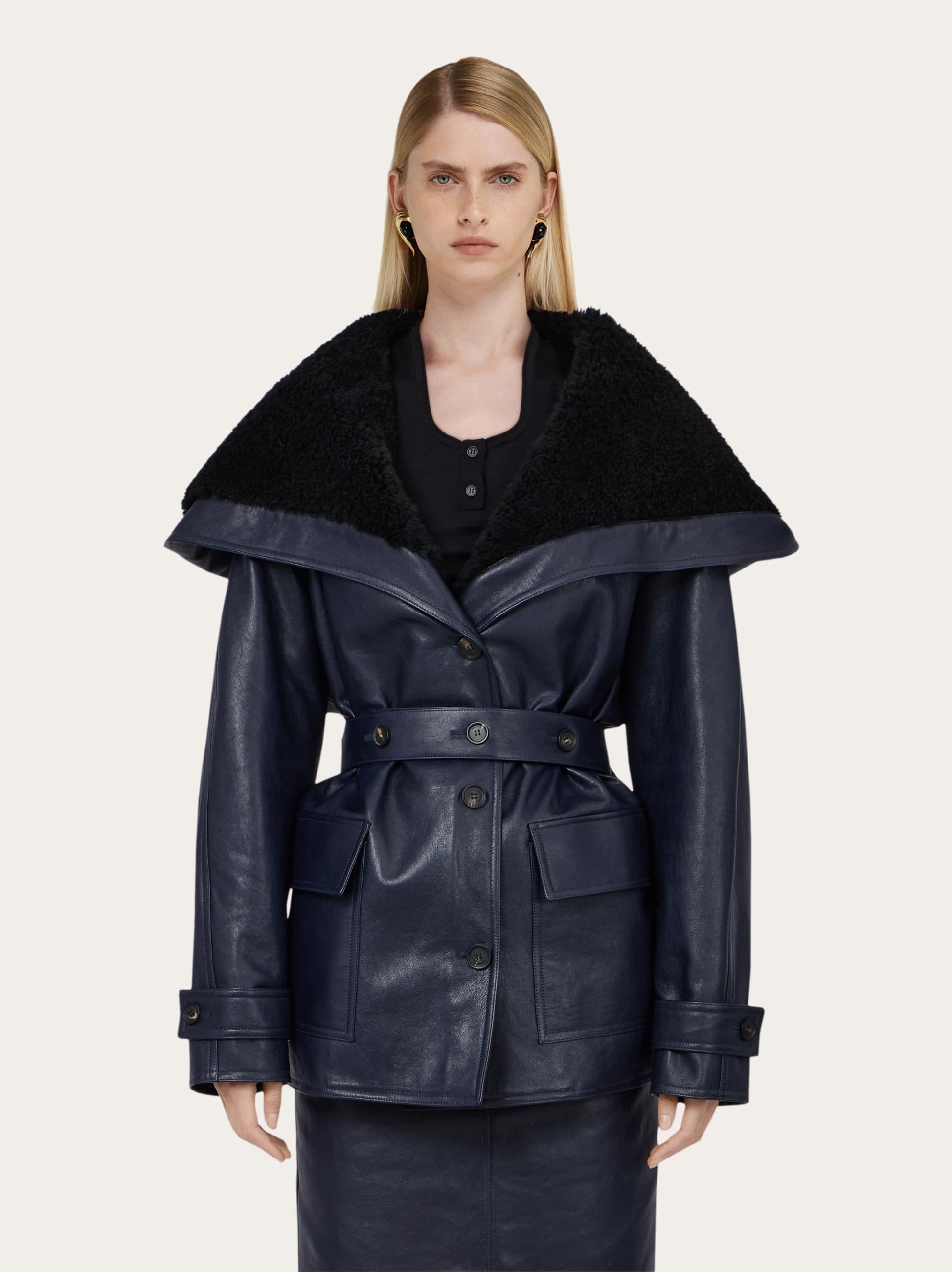 Ferragamo Nappa And Shearling Peacoat In Blue