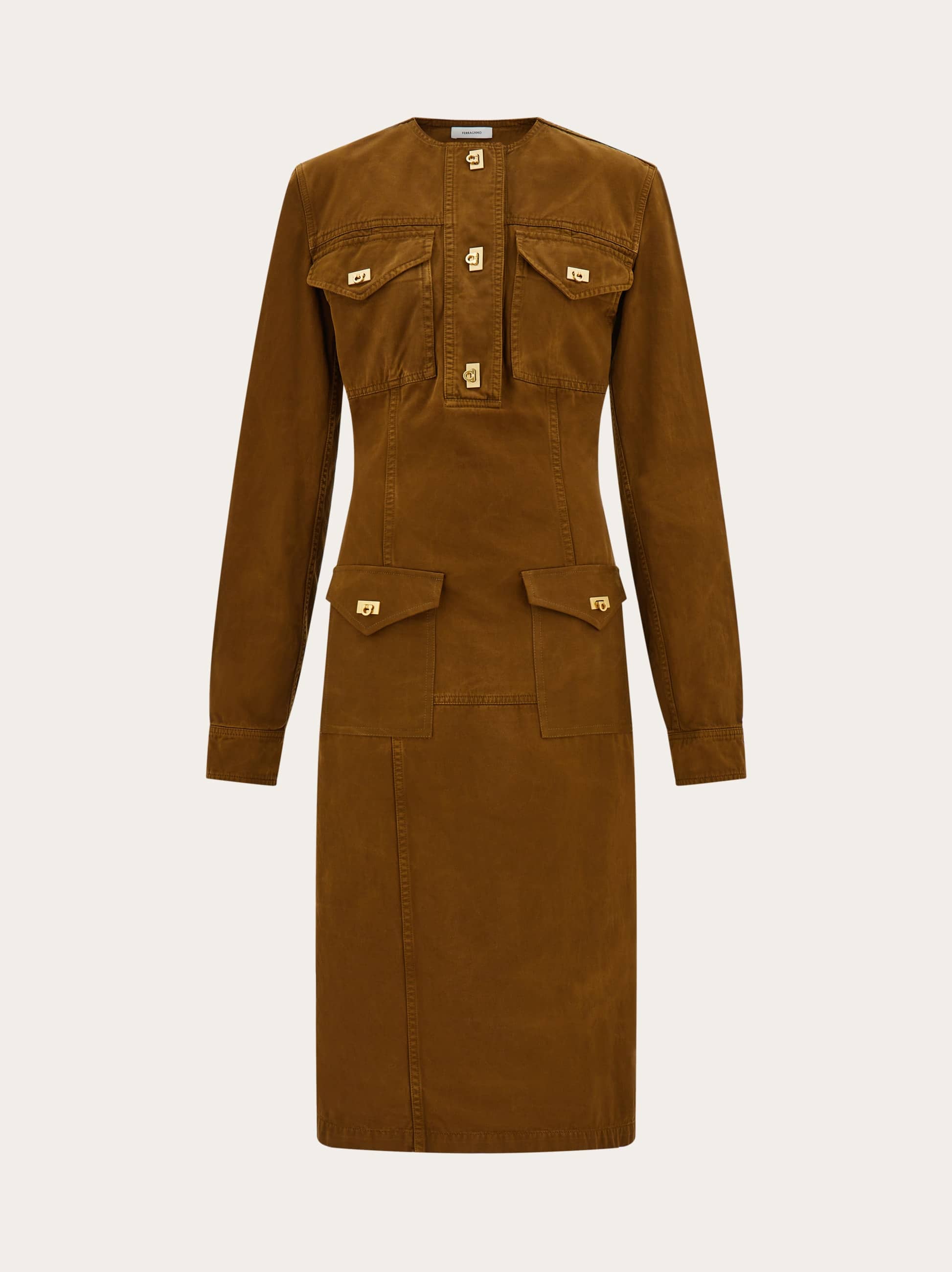 Ferragamo Donna Abito midi in gabardina lavata Marrone