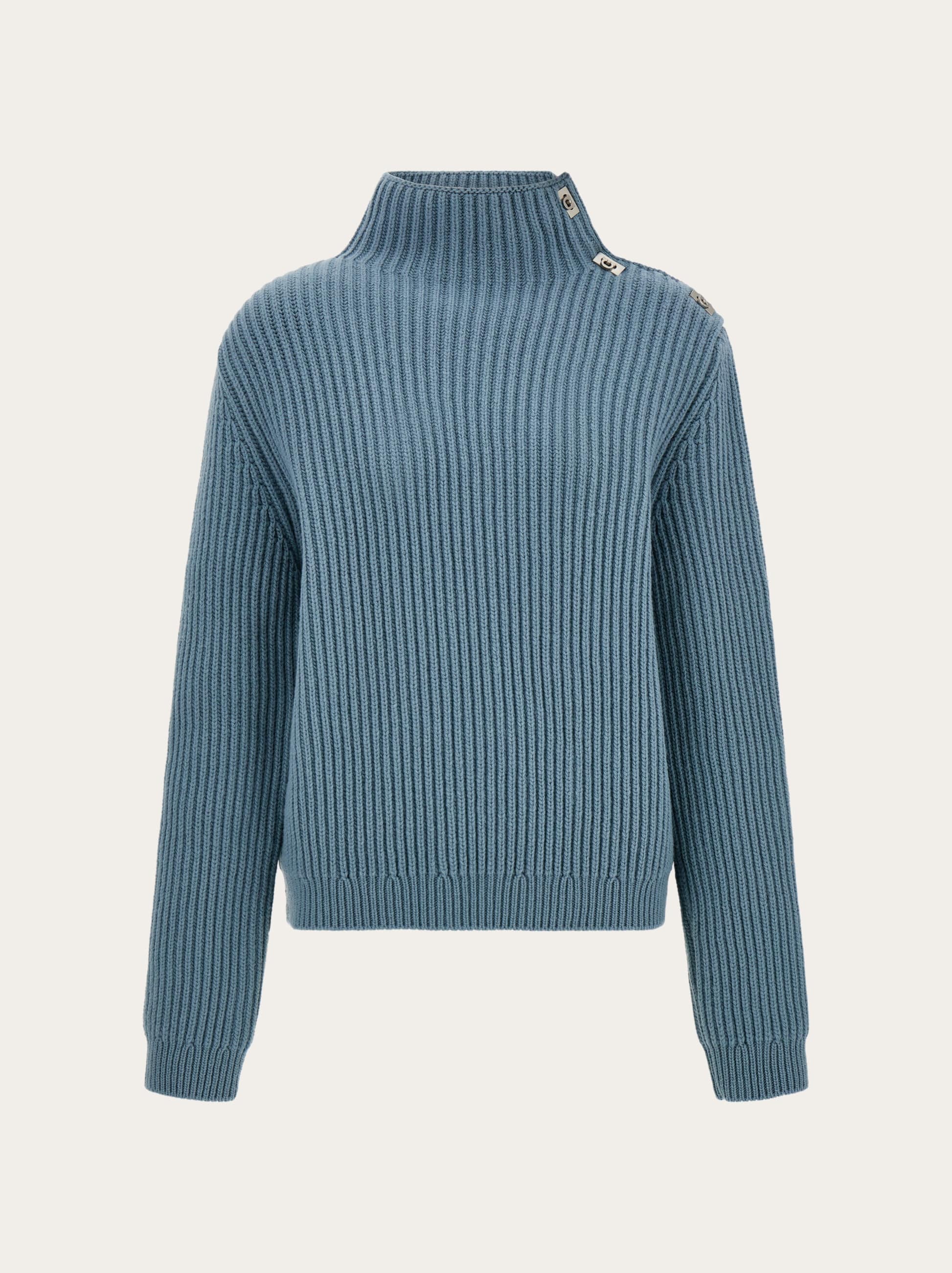 Ferragamo Knitted Mock Neck Sweater With Gancini Detail In Blue